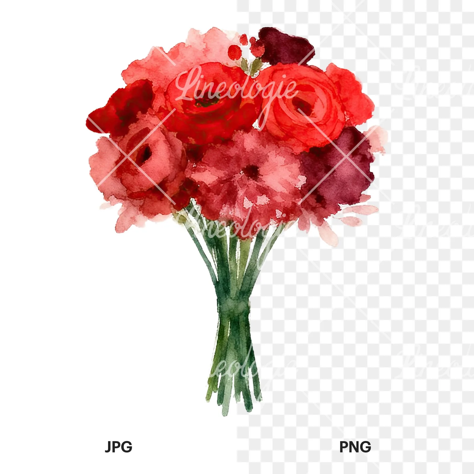 Watercolor rounded red and burgundy wedding bouquet clipart 2 of 9, as a JPG on white and a transparent PNG