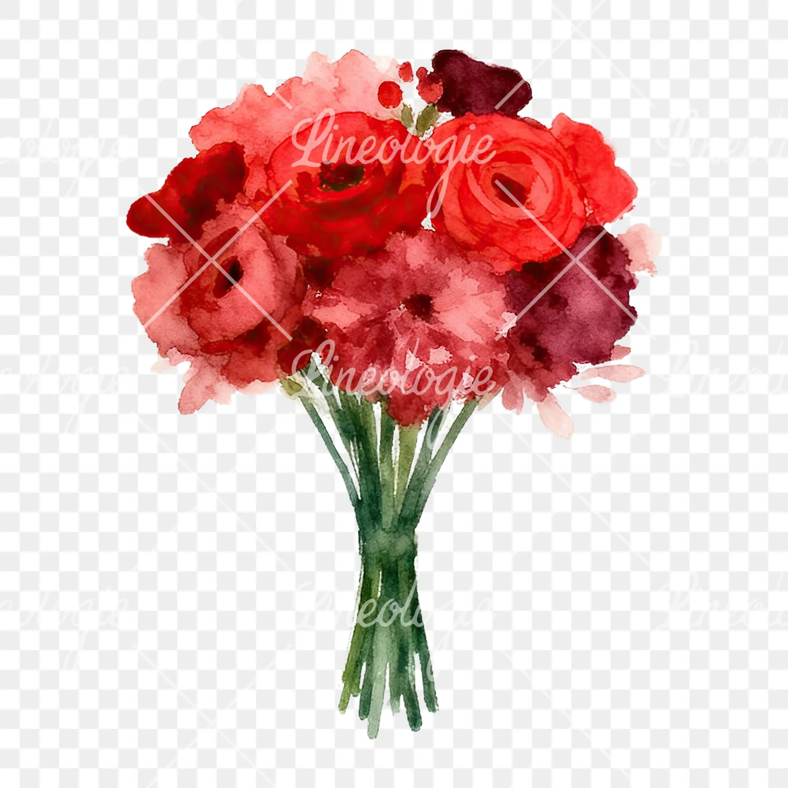 Watercolor rounded red and burgundy wedding bouquet clipart 2 of 9 on a transparent background (PNG)