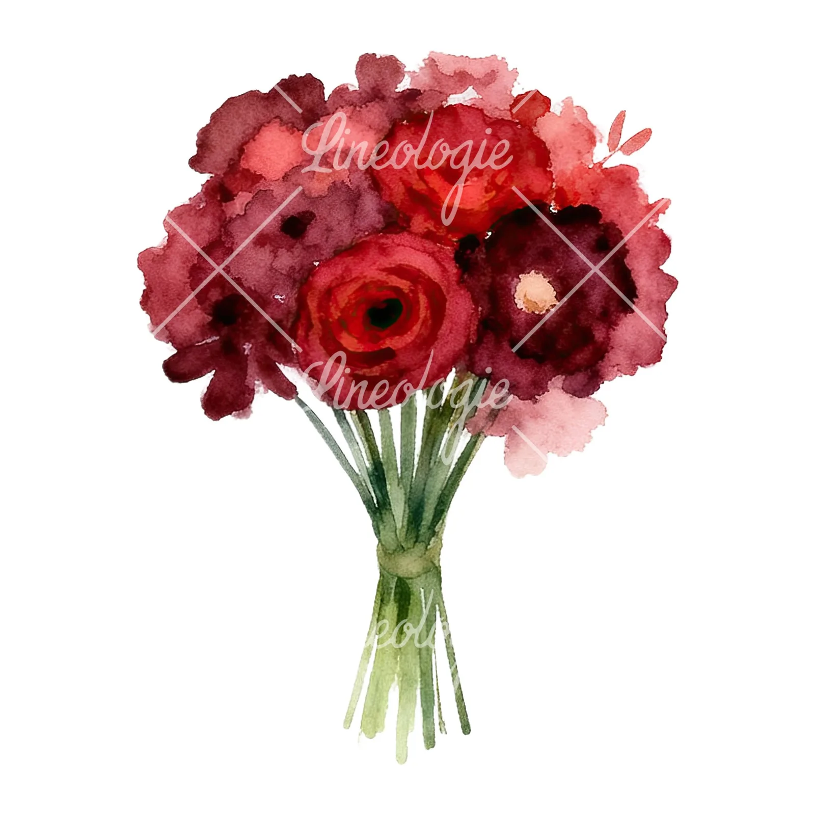 Watercolor rounded red and burgundy wedding bouquet clipart 3 of 9 on a white background (JPG)