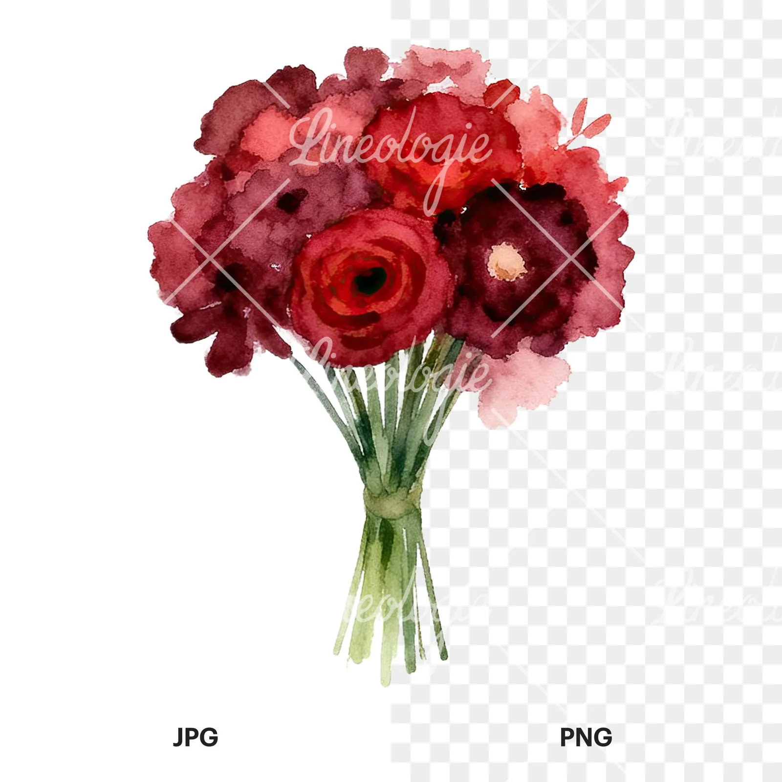 Watercolor rounded red and burgundy wedding bouquet clipart 3 of 9, as a JPG on white and a transparent PNG