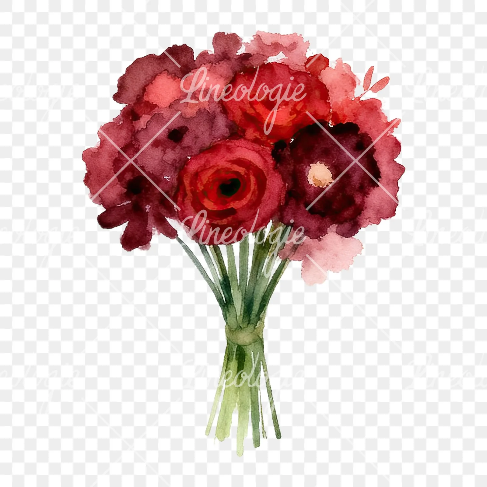 Watercolor rounded red and burgundy wedding bouquet clipart 3 of 9 on a transparent background (PNG)