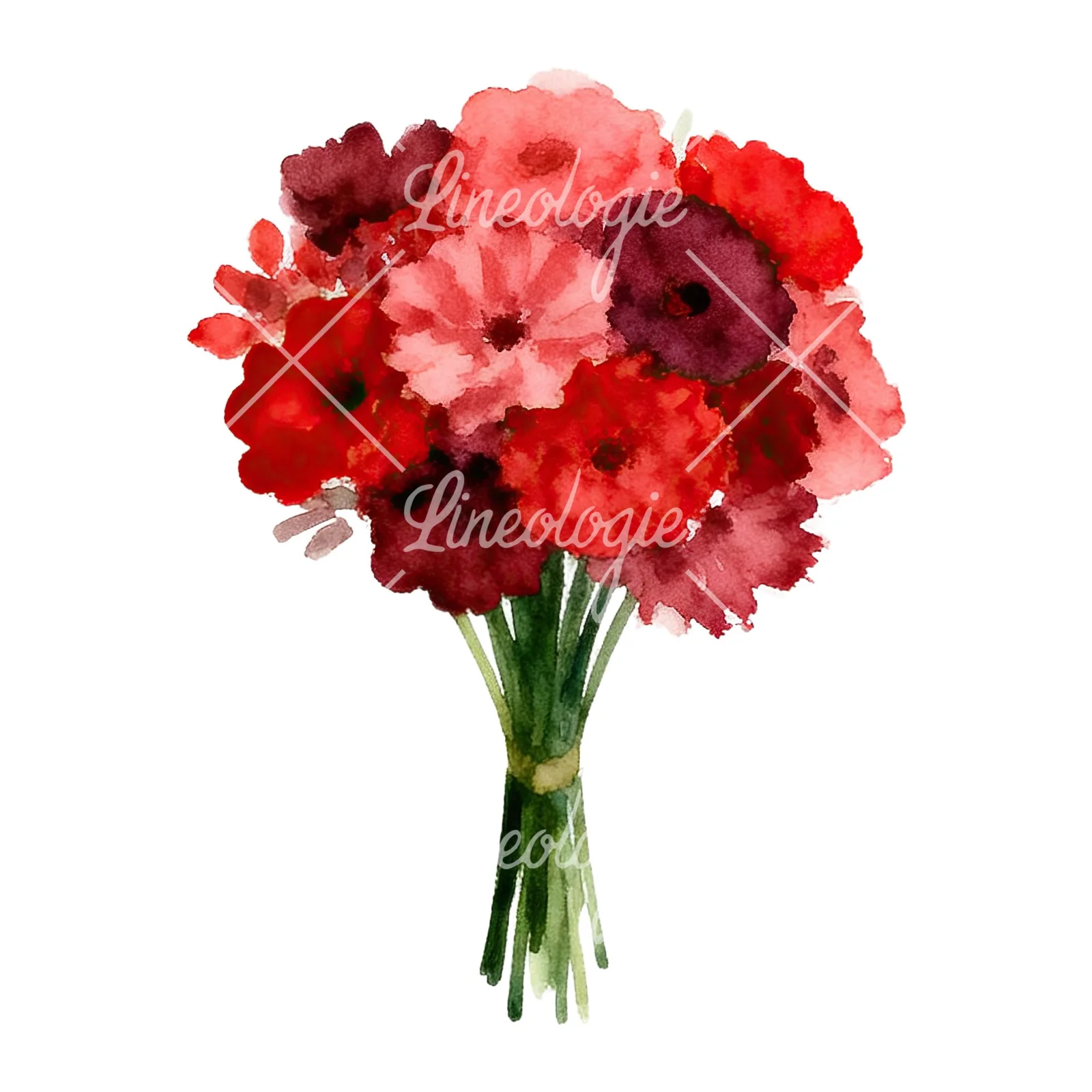 Watercolor rounded red and burgundy wedding bouquet clipart 4 of 9 on a white background (JPG)