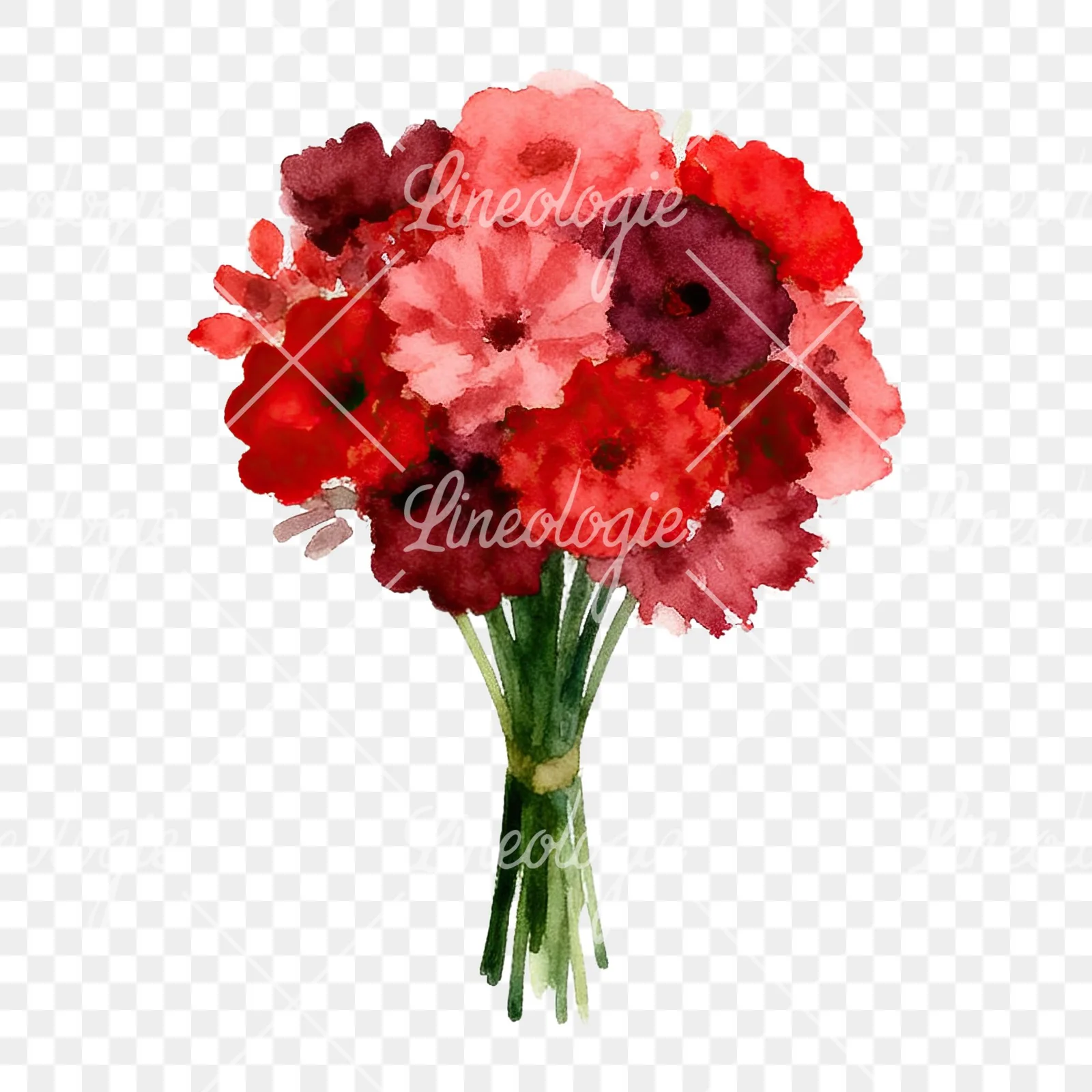 Watercolor rounded red and burgundy wedding bouquet clipart 4 of 9 on a transparent background (PNG)