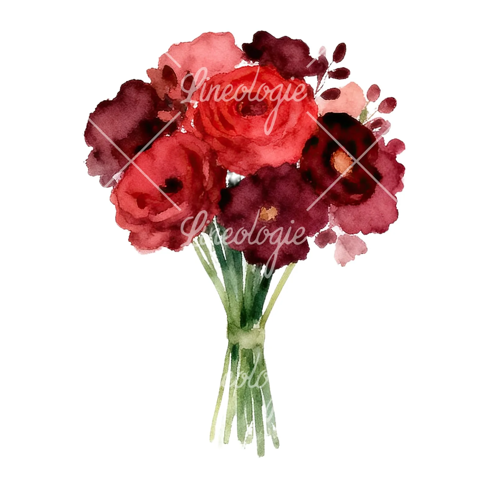 Watercolor rounded red and burgundy wedding bouquet clipart 5 of 9 on a white background (JPG)