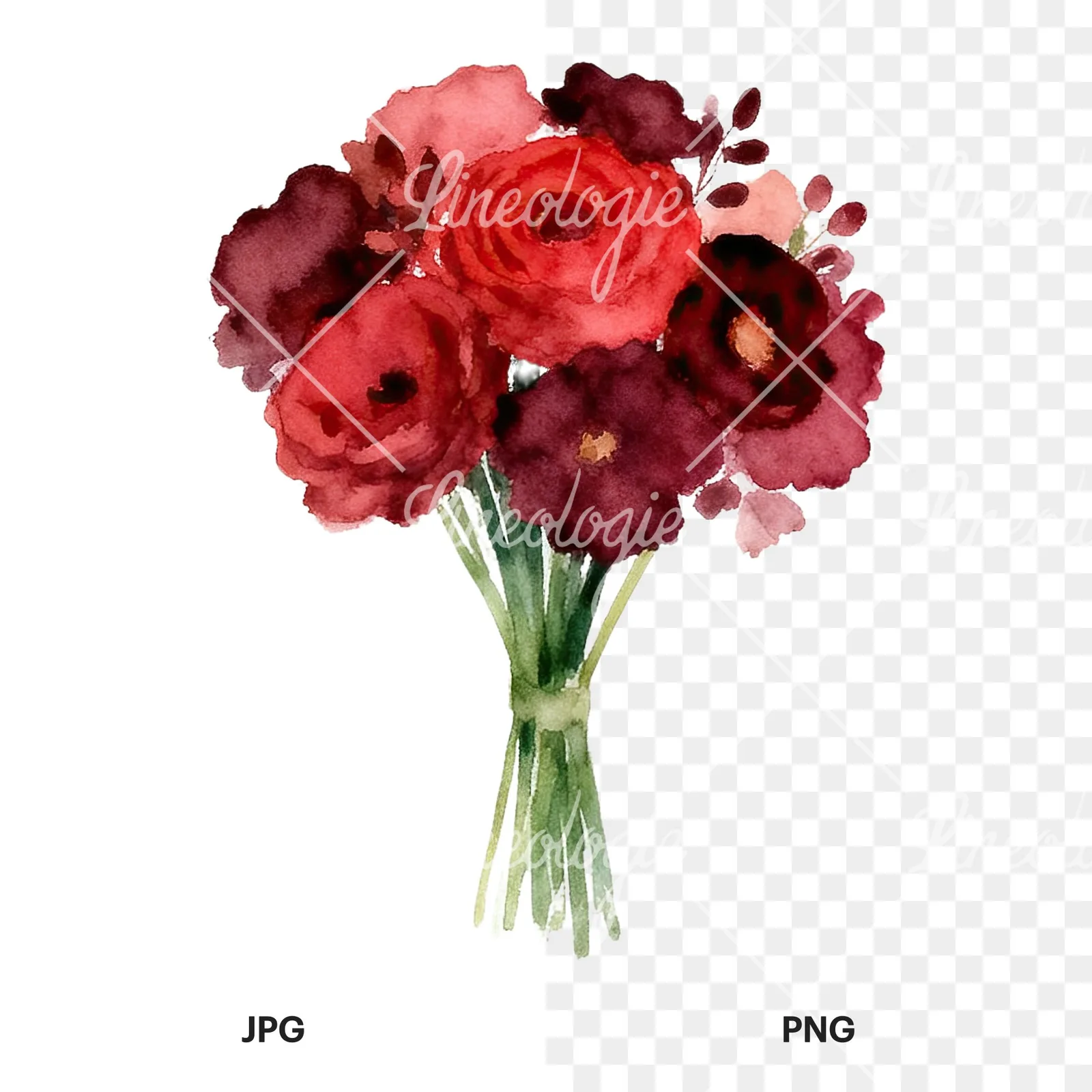 Watercolor rounded red and burgundy wedding bouquet clipart 5 of 9, as a JPG on white and a transparent PNG