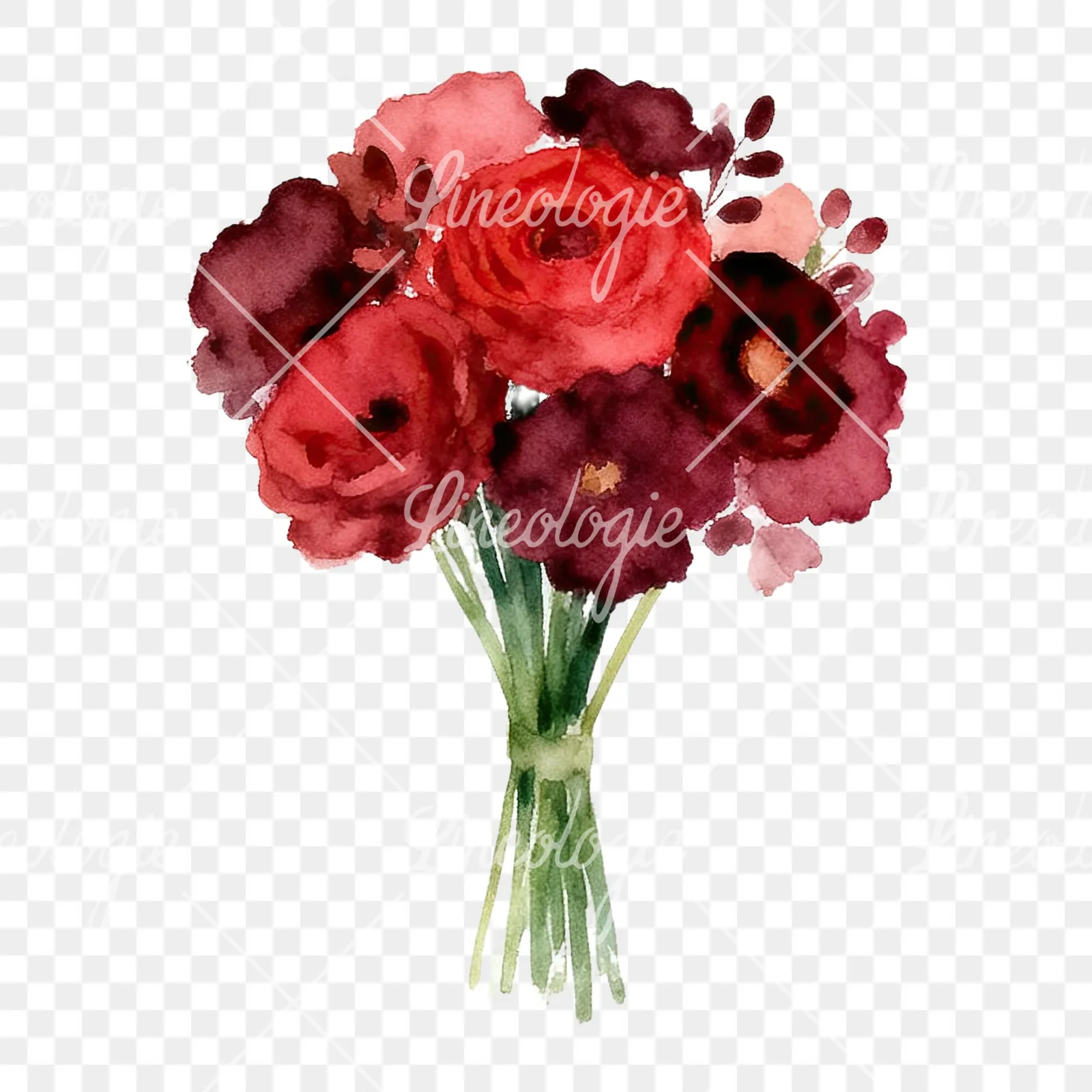 Watercolor rounded red and burgundy wedding bouquet clipart 5 of 9 on a transparent background (PNG)