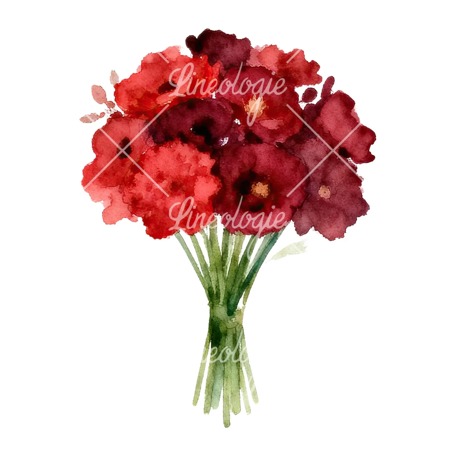 Watercolor rounded red and burgundy wedding bouquet clipart 6 of 9 on a white background (JPG)