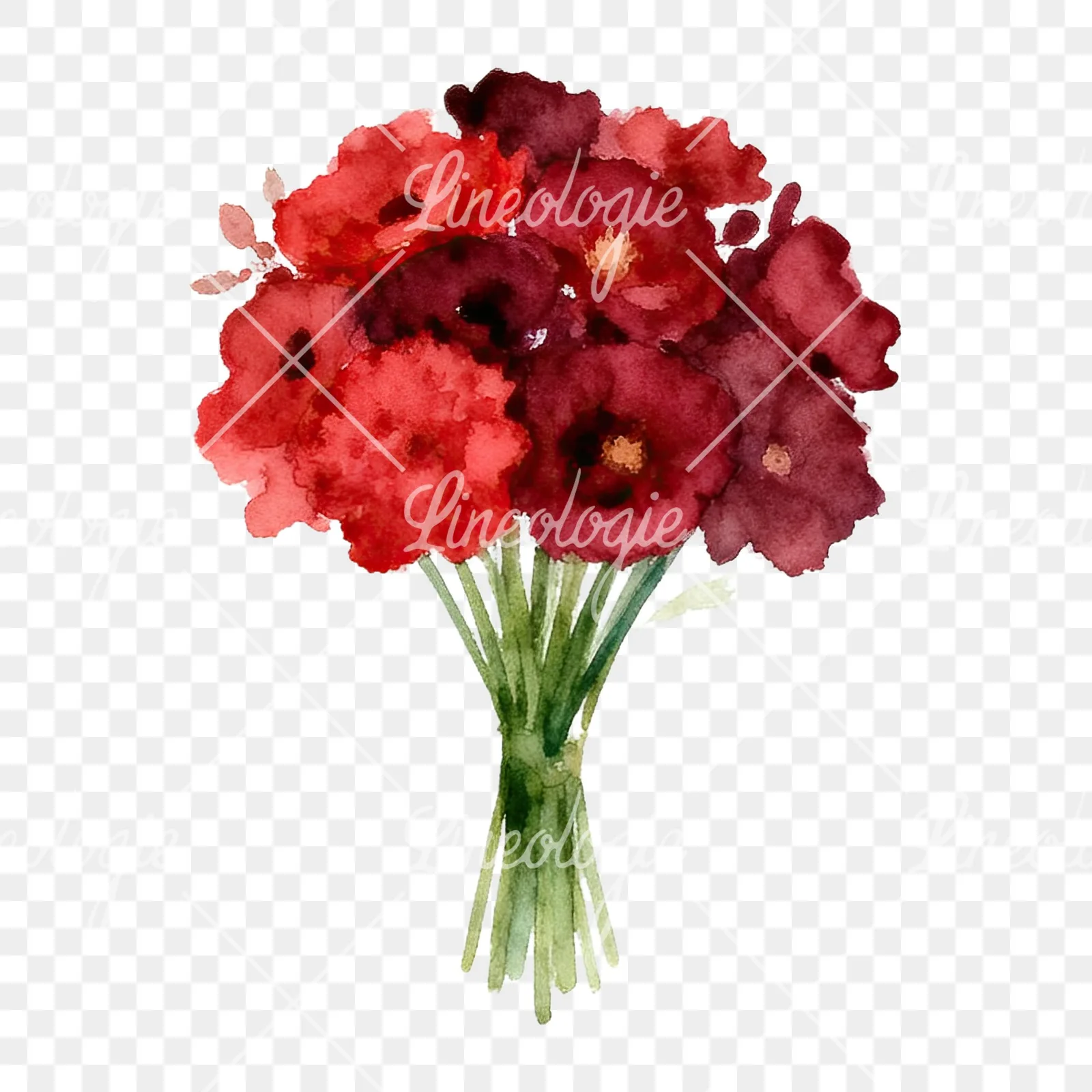 Watercolor rounded red and burgundy wedding bouquet clipart 6 of 9 on a transparent background (PNG)