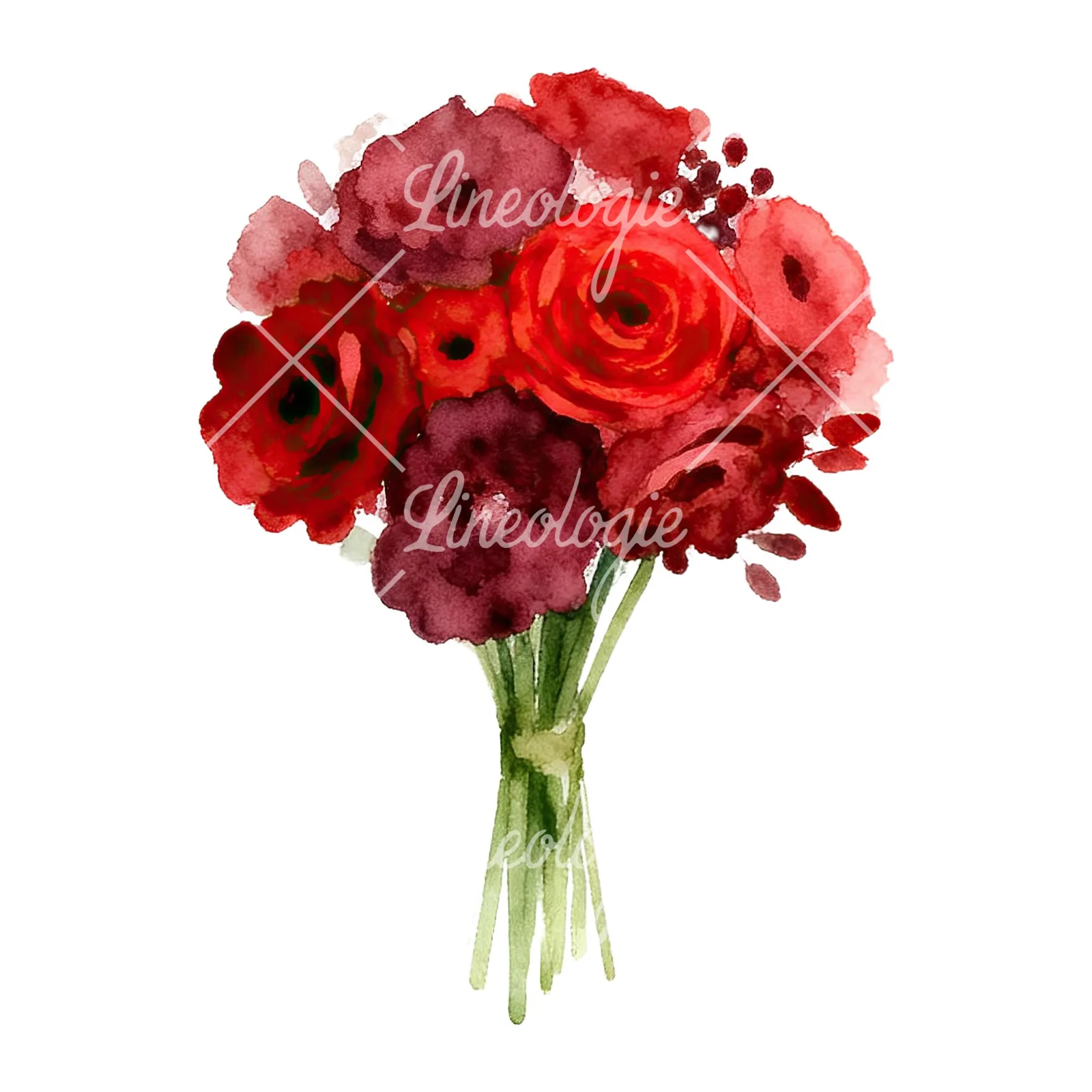 Watercolor rounded red and burgundy wedding bouquet clipart 7 of 9 on a white background (JPG)