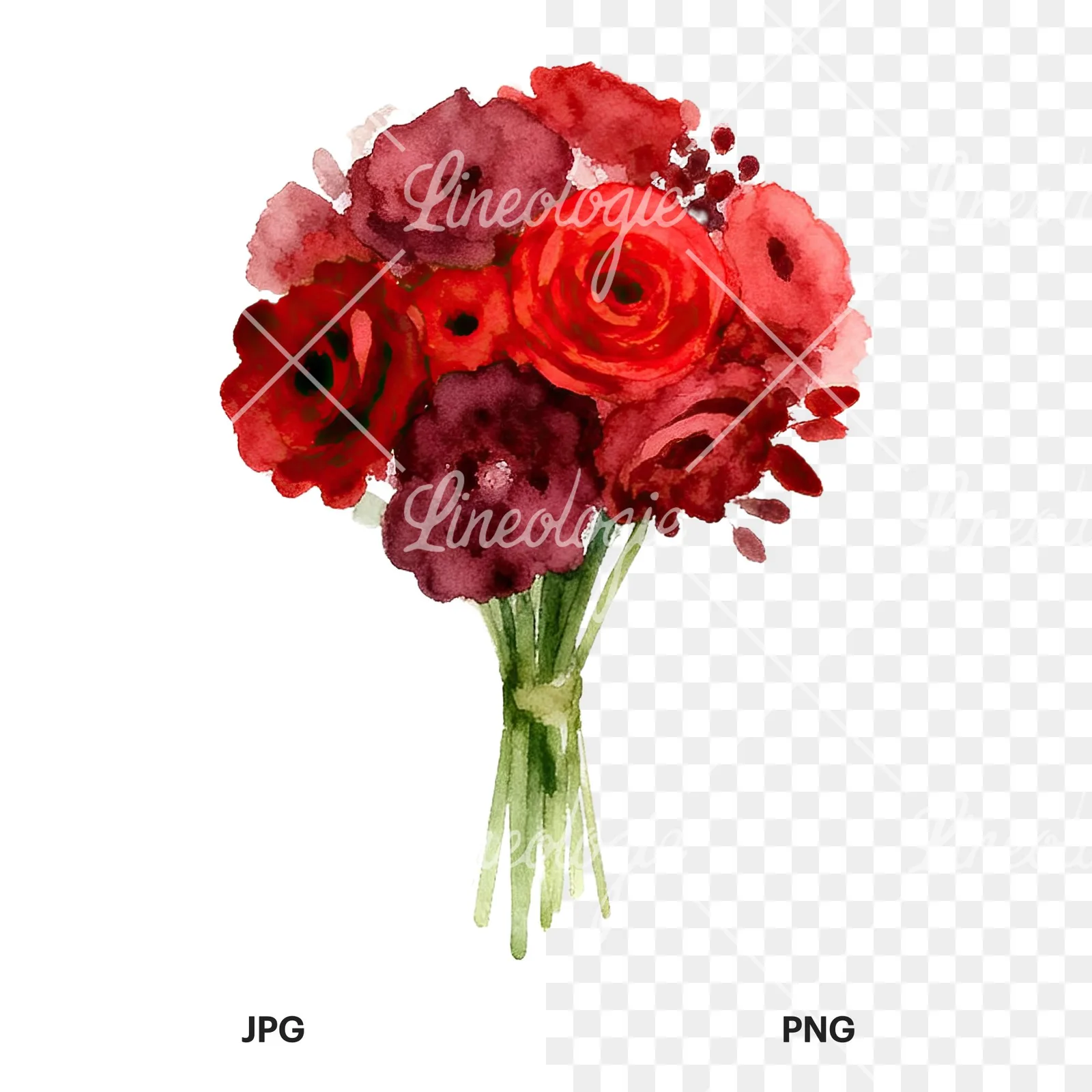 Watercolor rounded red and burgundy wedding bouquet clipart 7 of 9, as a JPG on white and a transparent PNG