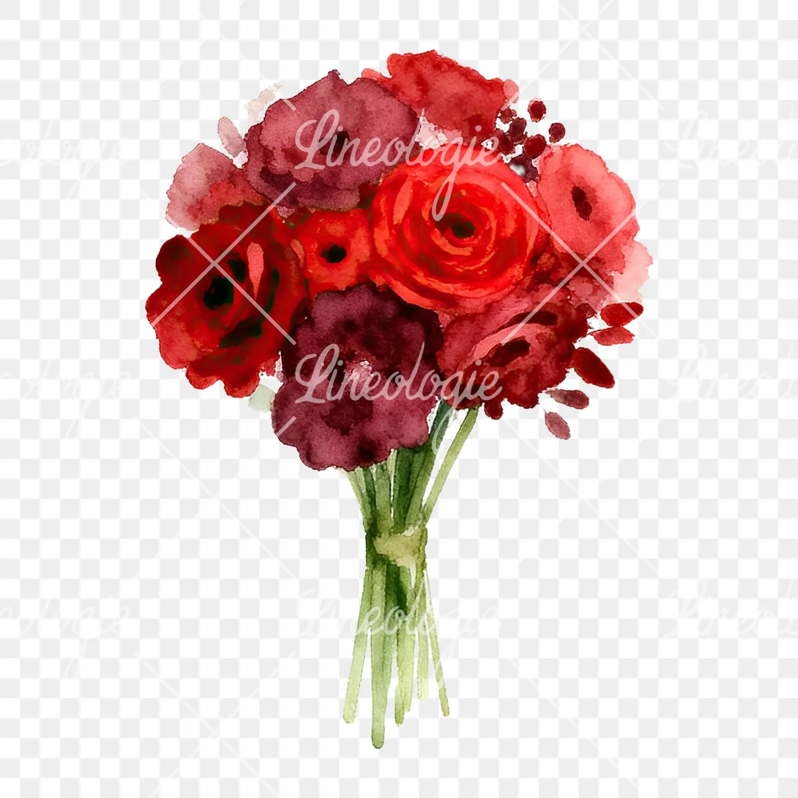 Watercolor rounded red and burgundy wedding bouquet clipart 7 of 9 on a transparent background (PNG)