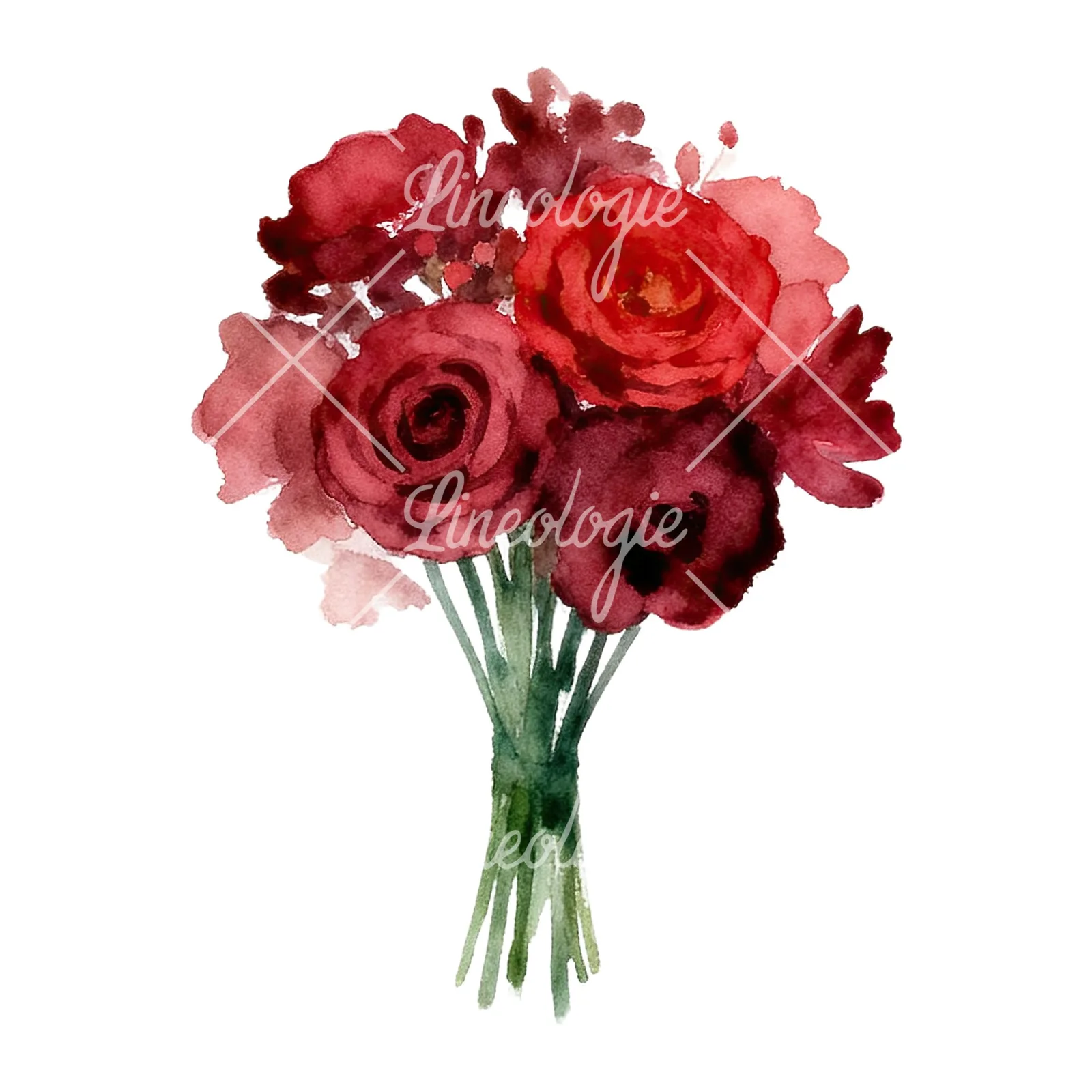 Watercolor rounded red and burgundy wedding bouquet clipart 8 of 9 on a white background (JPG)