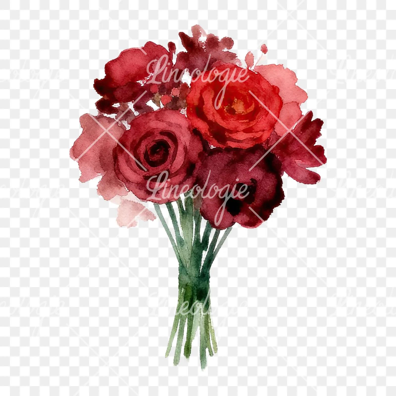 Watercolor rounded red and burgundy wedding bouquet clipart 8 of 9 on a transparent background (PNG)