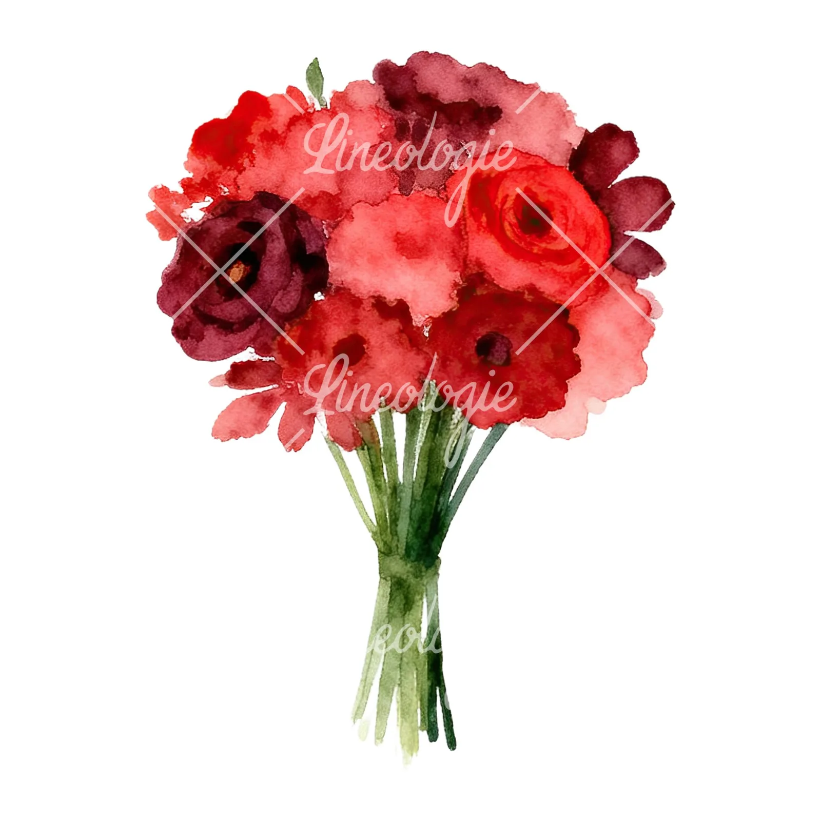 Watercolor rounded red and burgundy wedding bouquet clipart 9 of 9 on a white background (JPG)