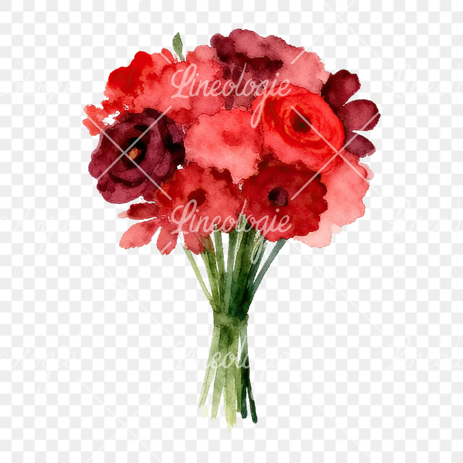 Watercolor rounded red and burgundy wedding bouquet clipart 9 of 9 on a transparent background (PNG)