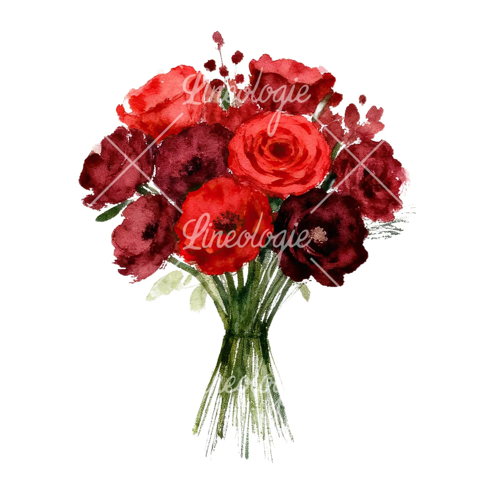 Watercolor red and burgundy wedding bouquet with greenery clipart 1 of 9 on a white background (JPG)