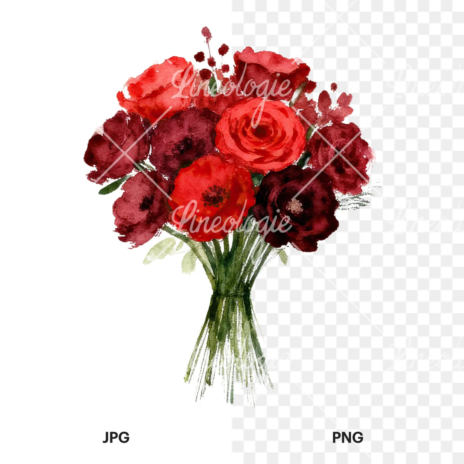 Watercolor red and burgundy wedding bouquet with greenery clipart 1 of 9, as a JPG on white and a transparent PNG