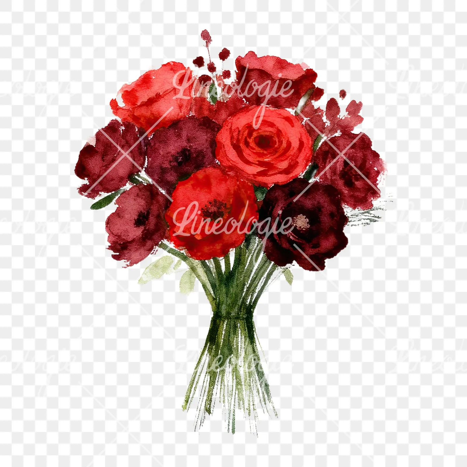 Watercolor red and burgundy wedding bouquet with greenery clipart 1 of 9 on a transparent background (PNG)