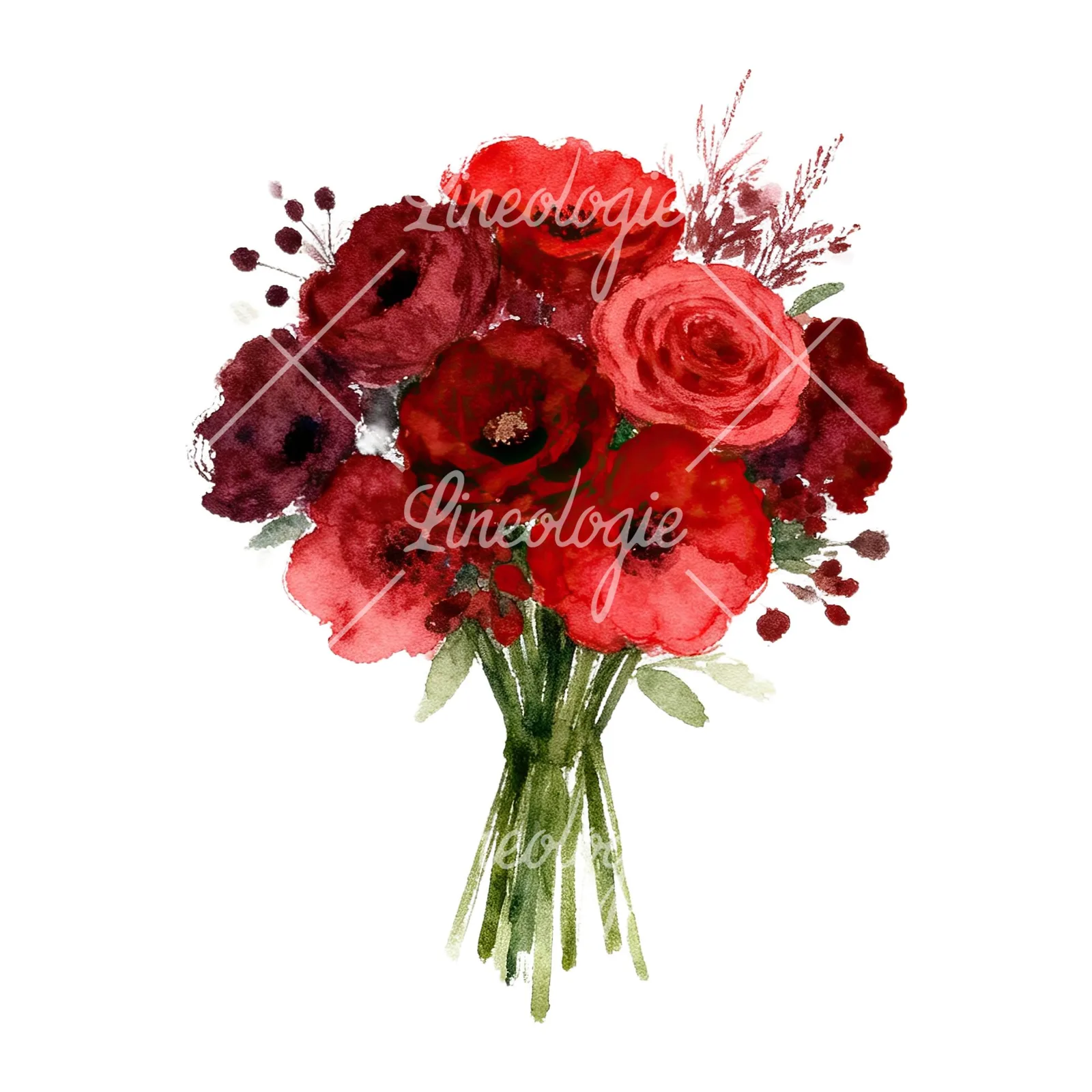 Watercolor red and burgundy wedding bouquet with greenery clipart 2 of 9 on a white background (JPG)