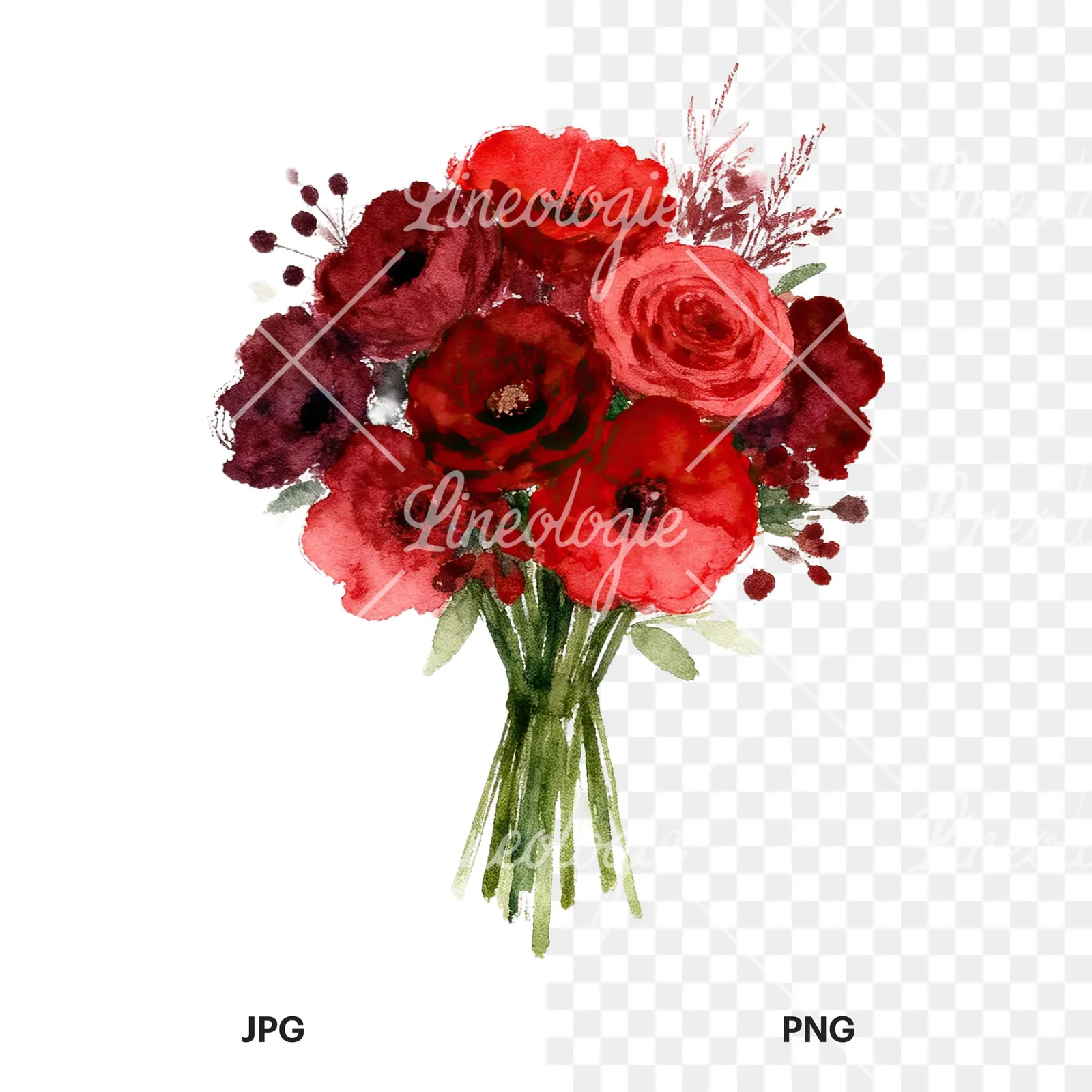 Watercolor red and burgundy wedding bouquet with greenery clipart 2 of 9, as a JPG on white and a transparent PNG