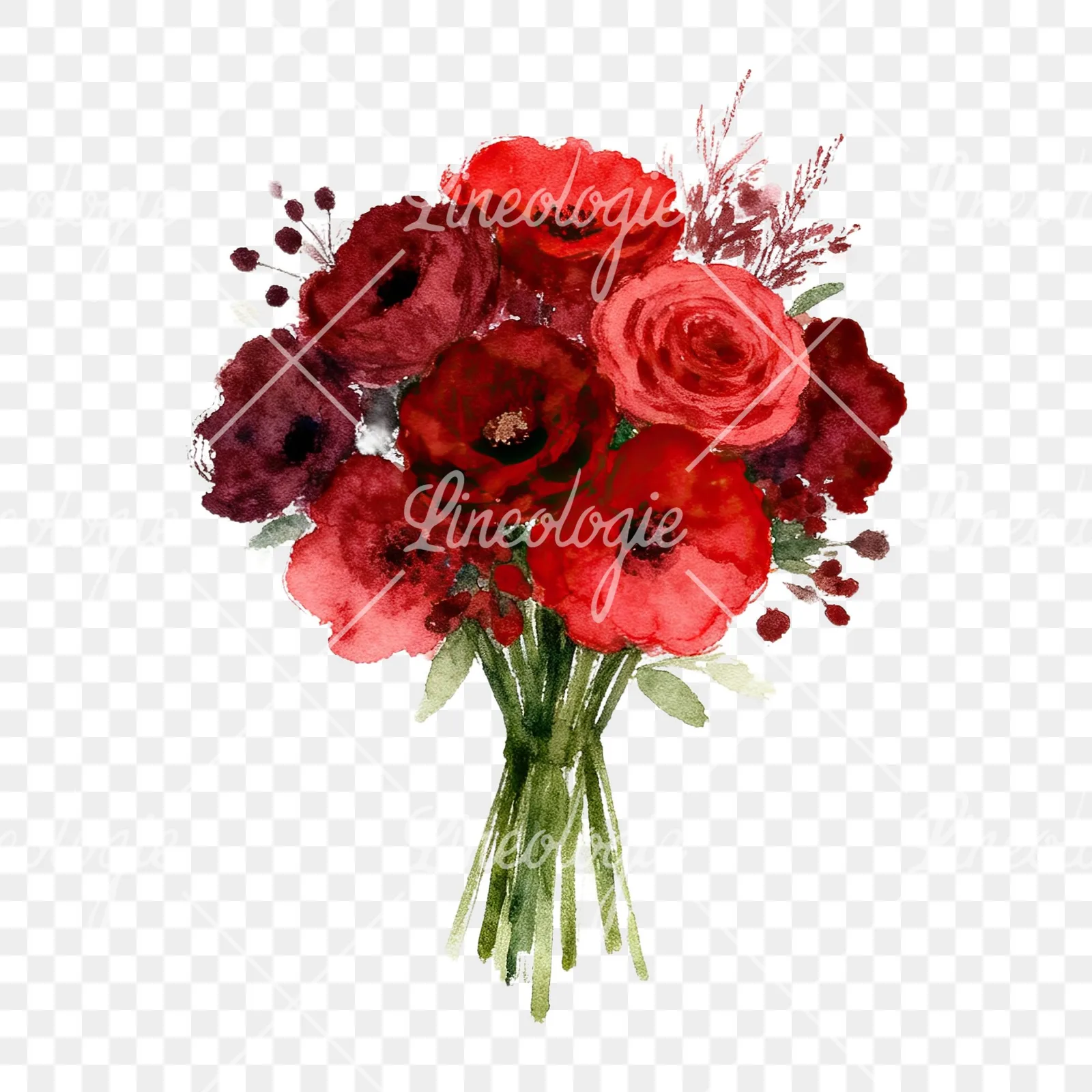 Watercolor red and burgundy wedding bouquet with greenery clipart 2 of 9 on a transparent background (PNG)