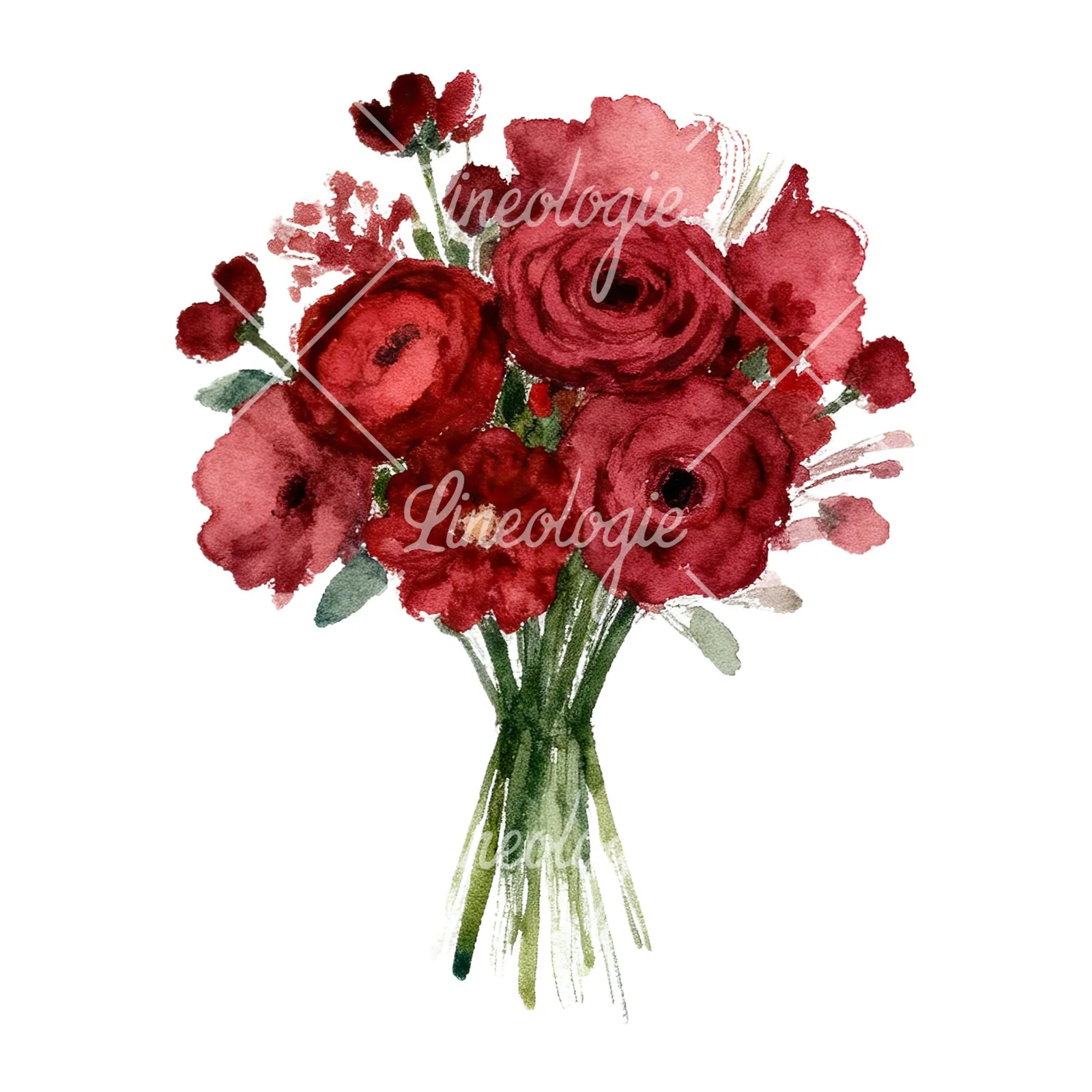 Watercolor red and burgundy wedding bouquet with greenery clipart 3 of 9 on a white background (JPG)
