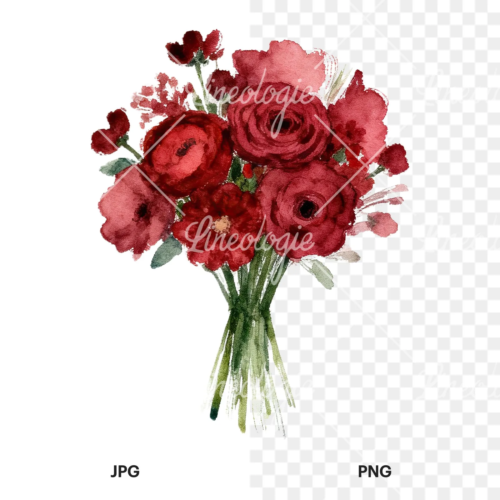 Watercolor red and burgundy wedding bouquet with greenery clipart 3 of 9, as a JPG on white and a transparent PNG