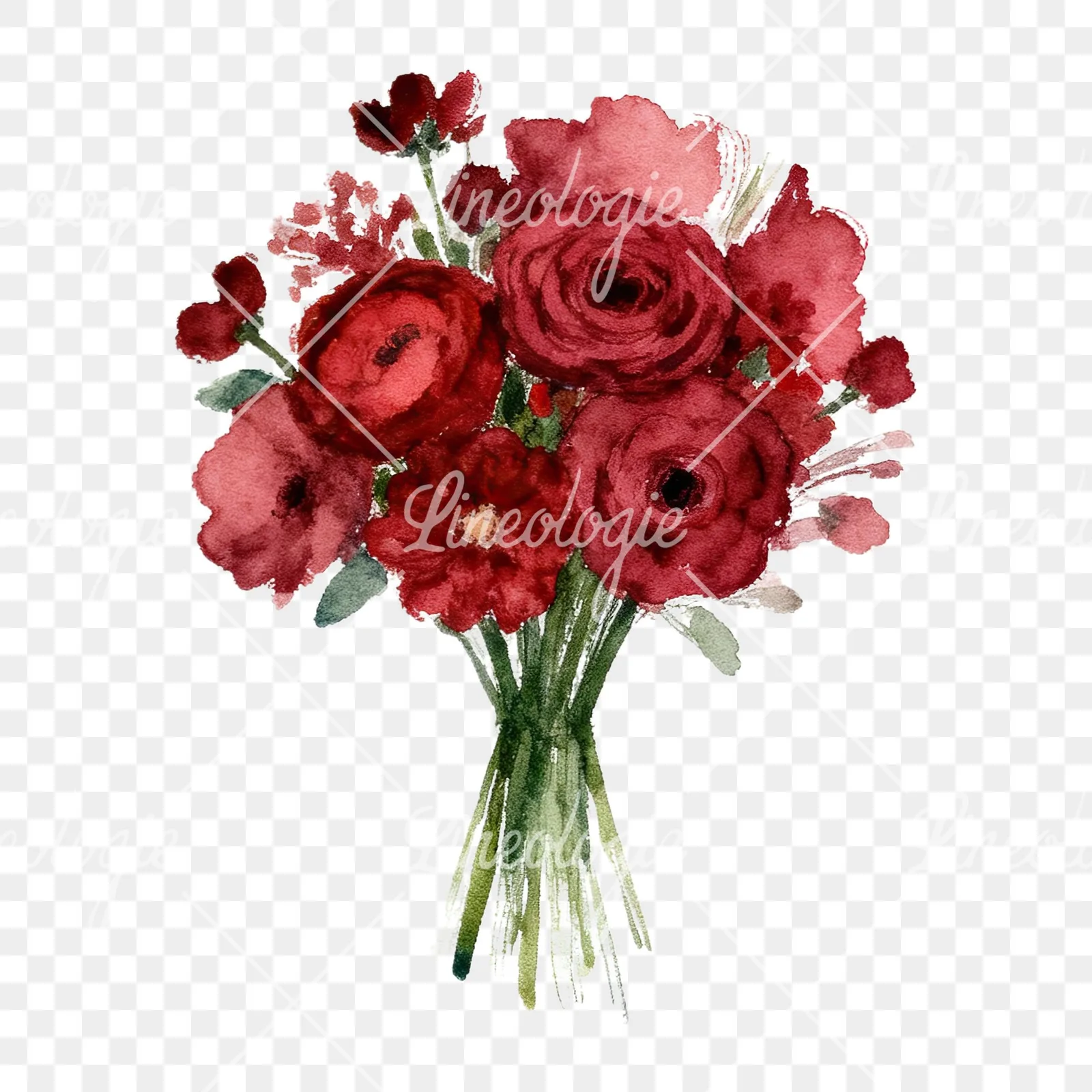 Watercolor red and burgundy wedding bouquet with greenery clipart 3 of 9 on a transparent background (PNG)
