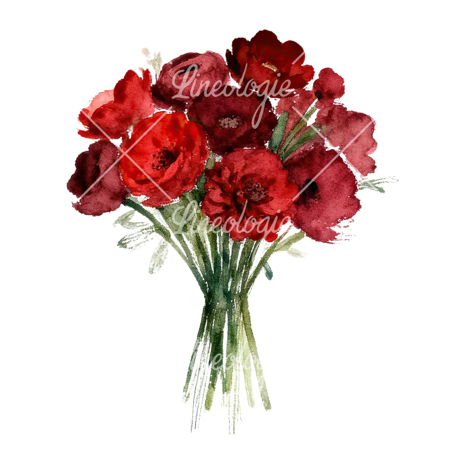 Watercolor red and burgundy wedding bouquet with greenery clipart 4 of 9 on a white background (JPG)
