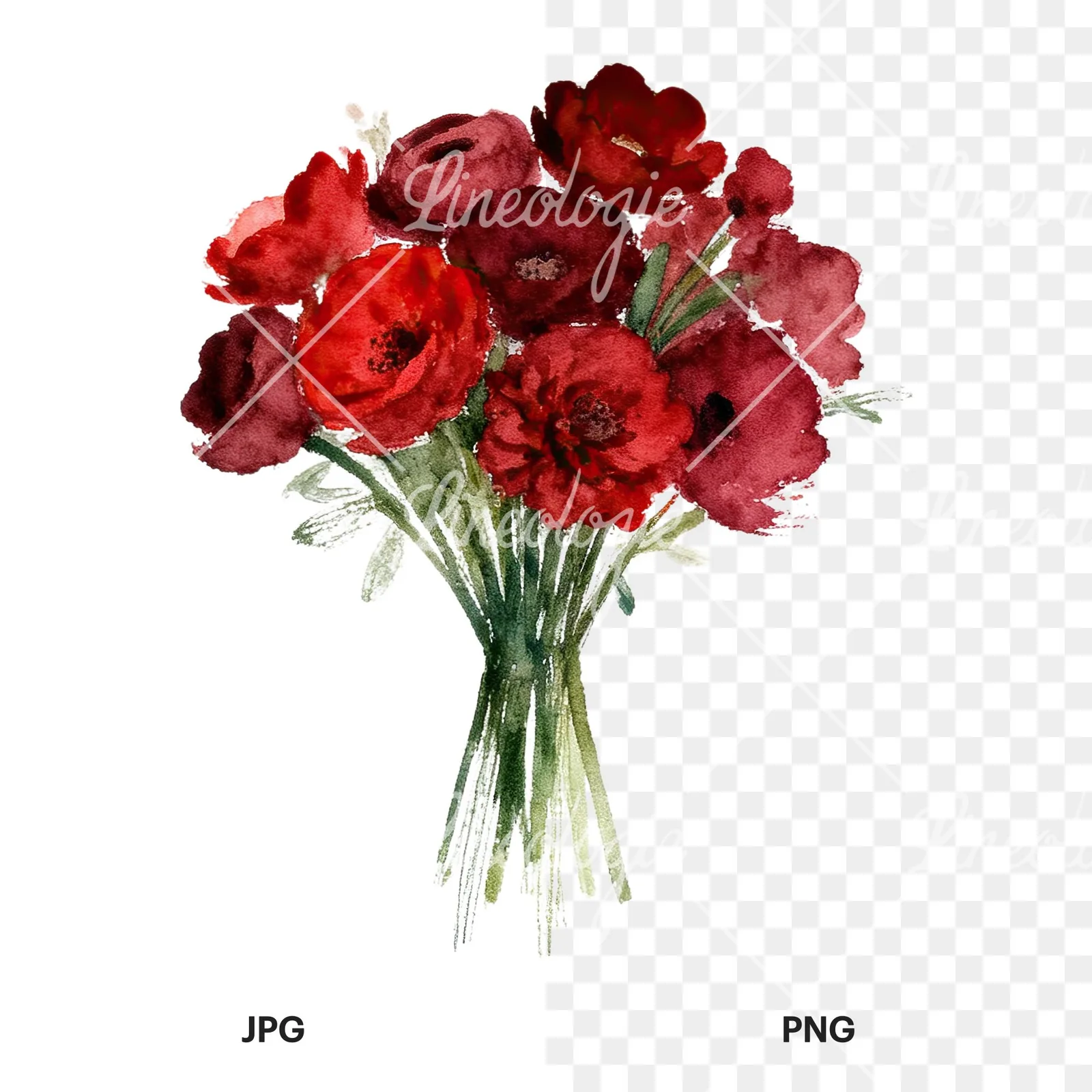 Watercolor red and burgundy wedding bouquet with greenery clipart 4 of 9, as a JPG on white and a transparent PNG