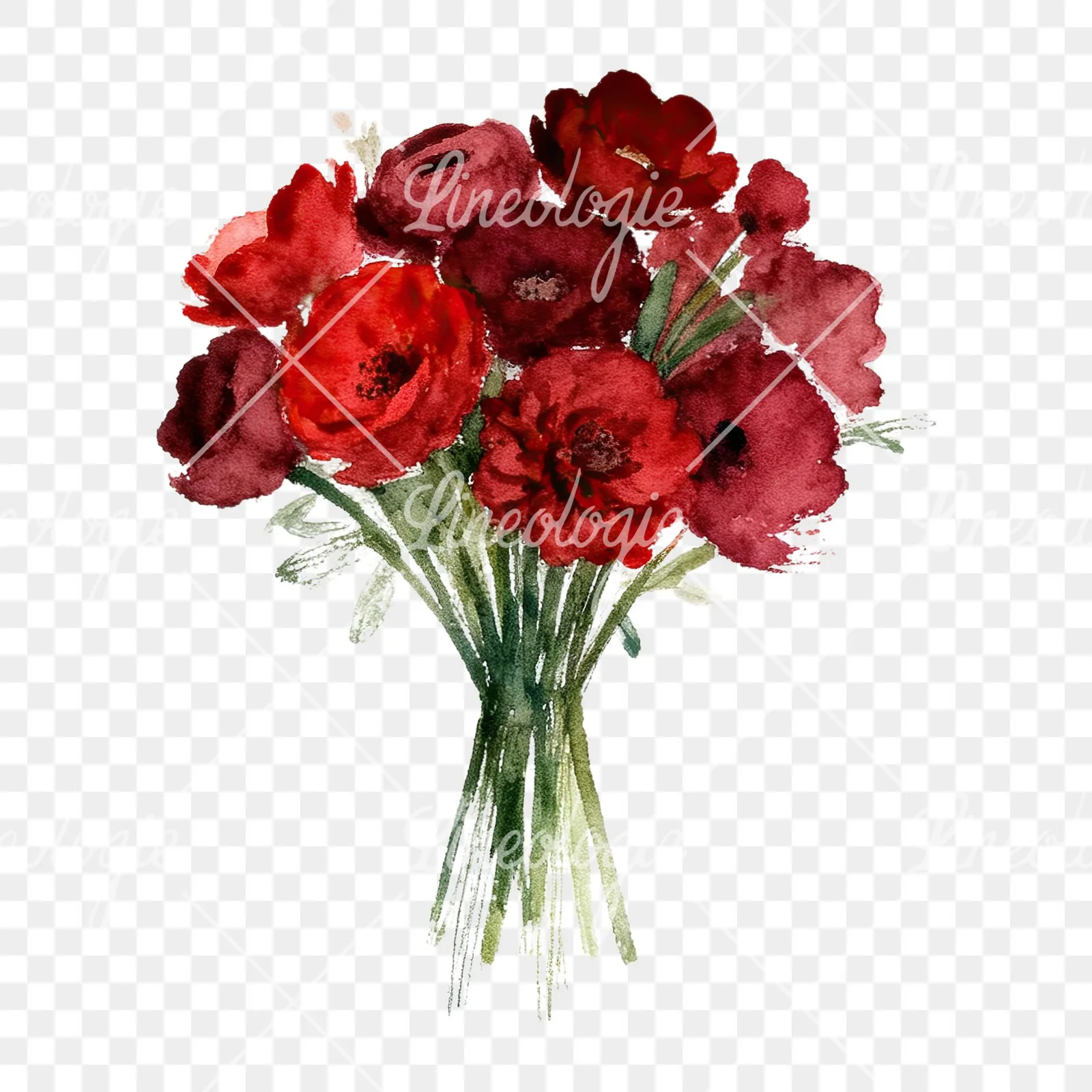 Watercolor red and burgundy wedding bouquet with greenery clipart 4 of 9 on a transparent background (PNG)