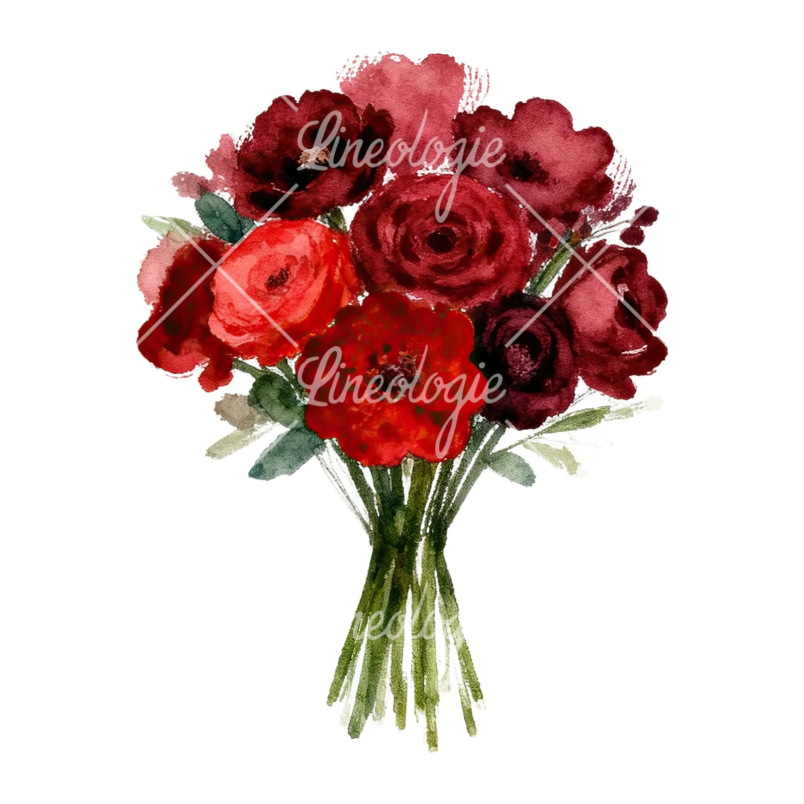 Watercolor red and burgundy wedding bouquet with greenery clipart 5 of 9 on a white background (JPG)