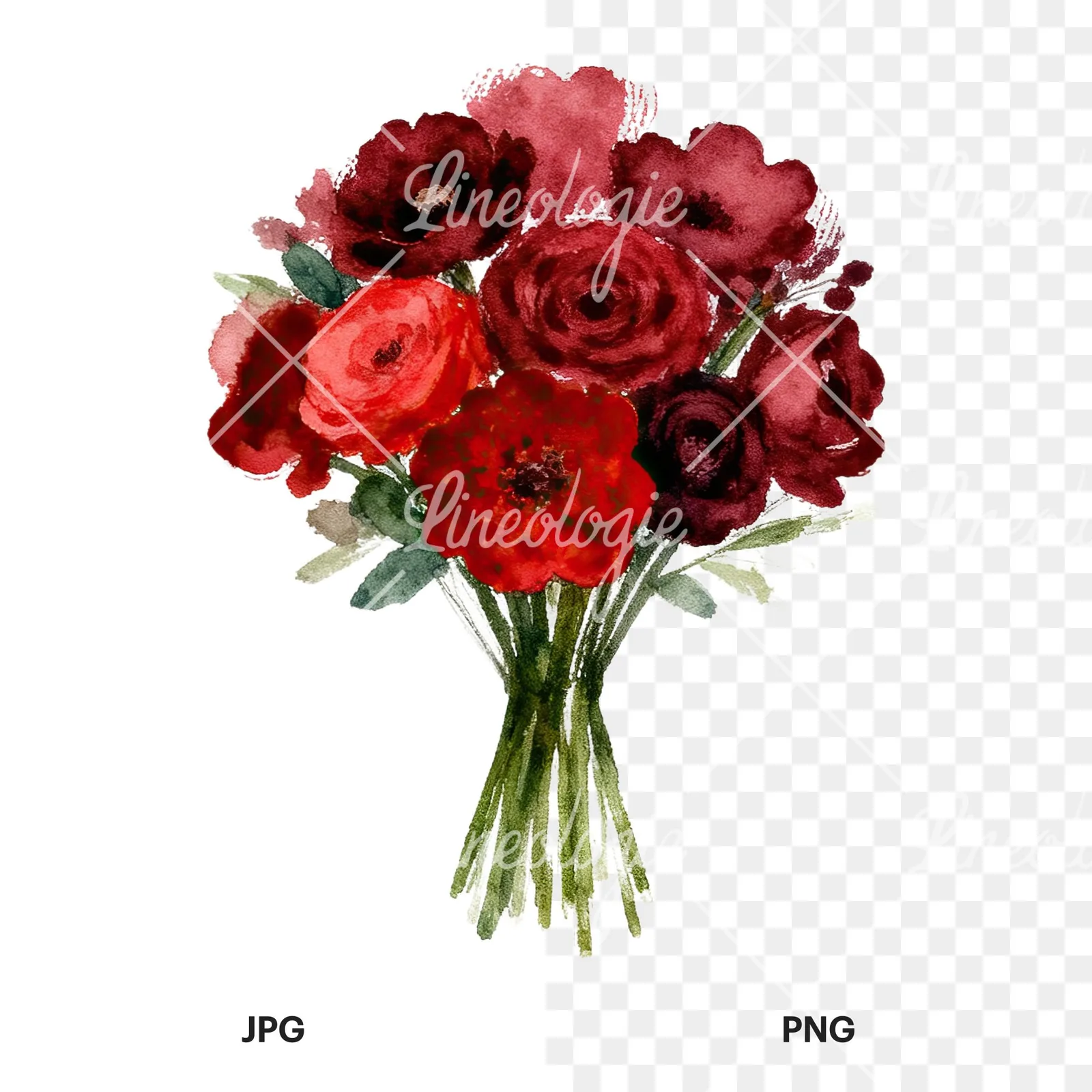 Watercolor red and burgundy wedding bouquet with greenery clipart 5 of 9, as a JPG on white and a transparent PNG