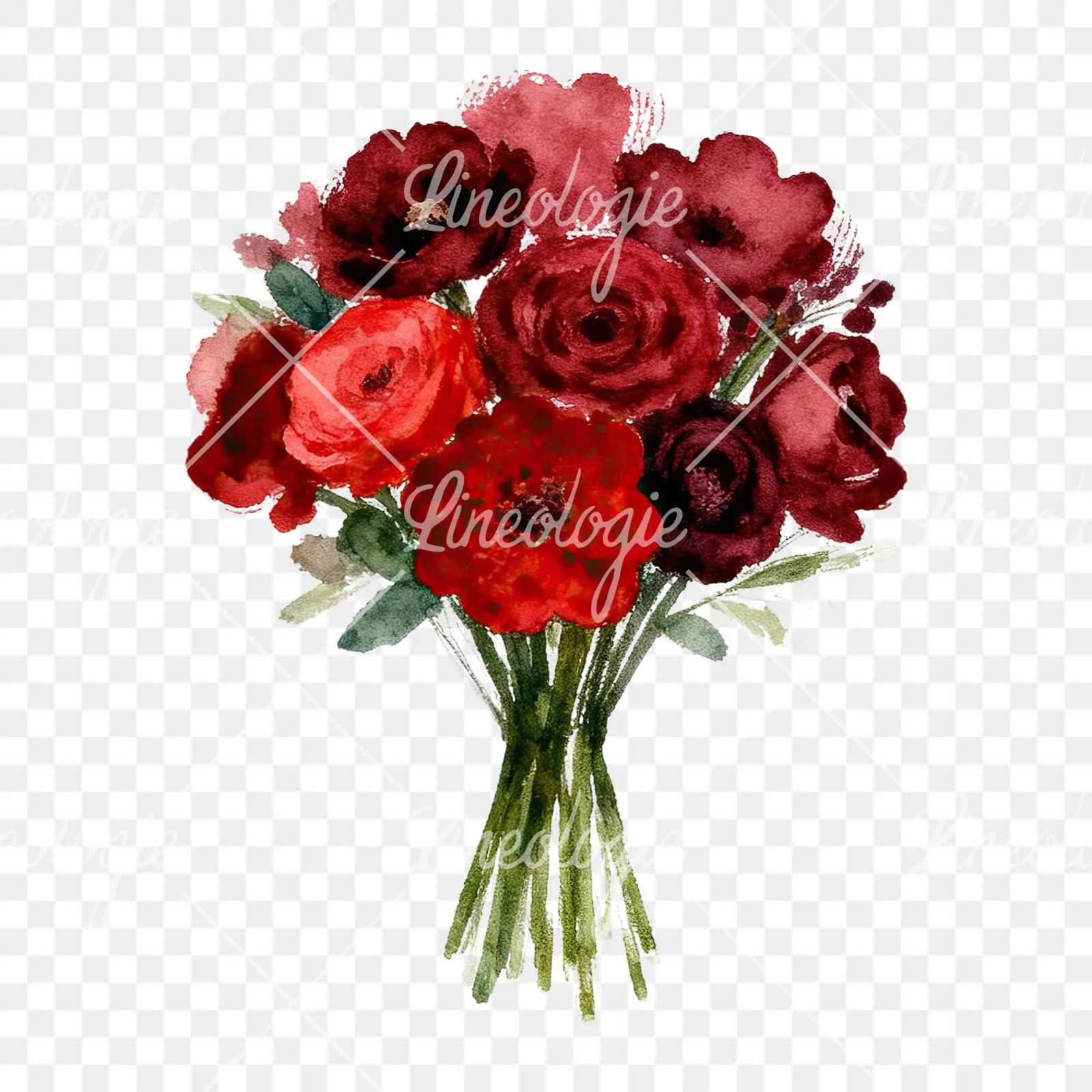 Watercolor red and burgundy wedding bouquet with greenery clipart 5 of 9 on a transparent background (PNG)