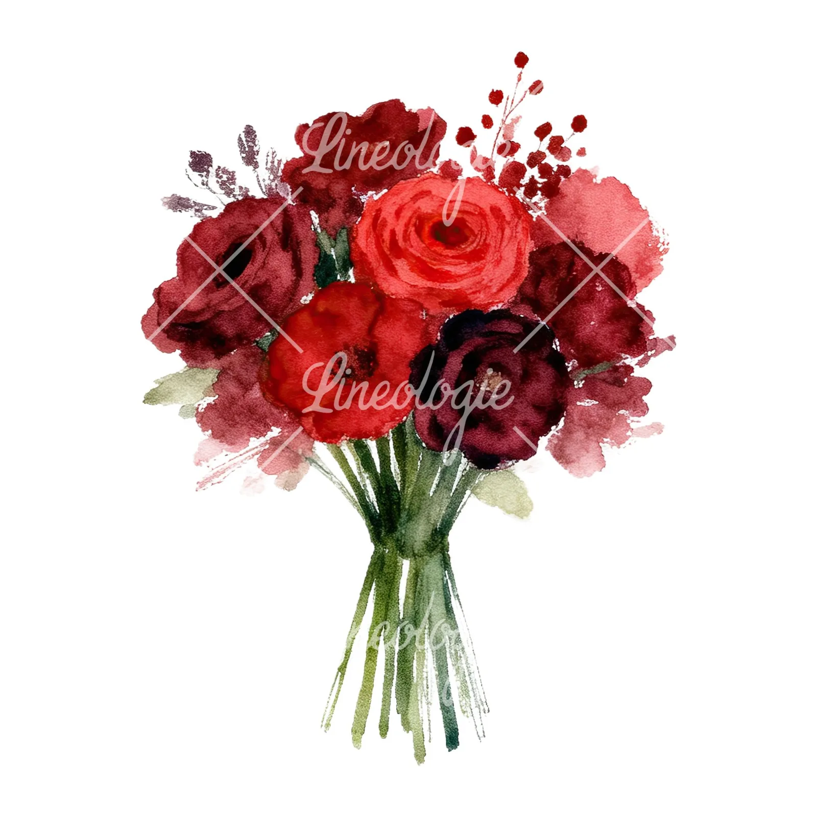 Watercolor red and burgundy wedding bouquet with greenery clipart 6 of 9 on a white background (JPG)