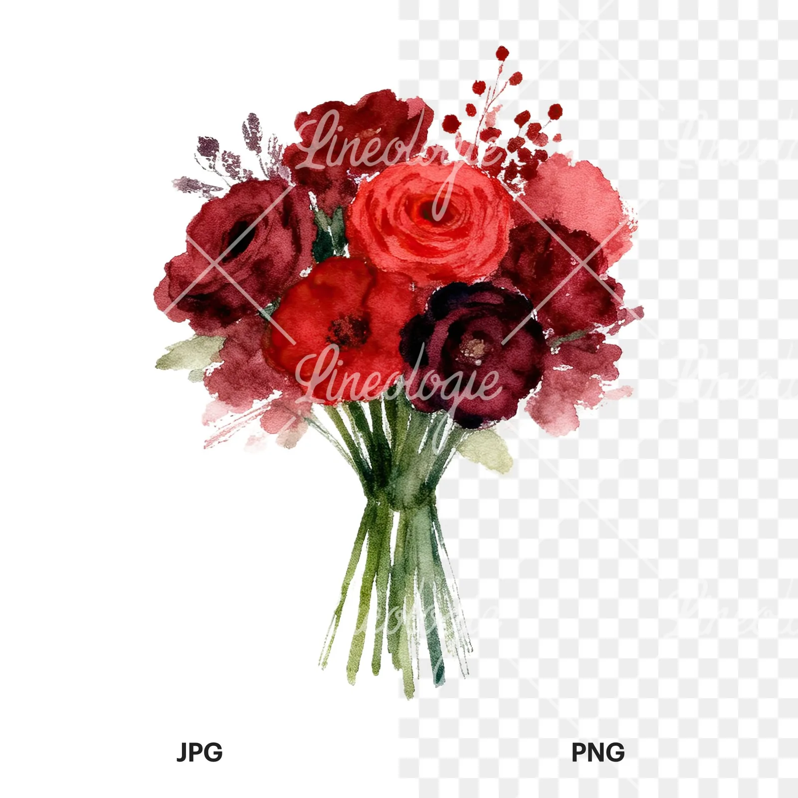 Watercolor red and burgundy wedding bouquet with greenery clipart 6 of 9, as a JPG on white and a transparent PNG