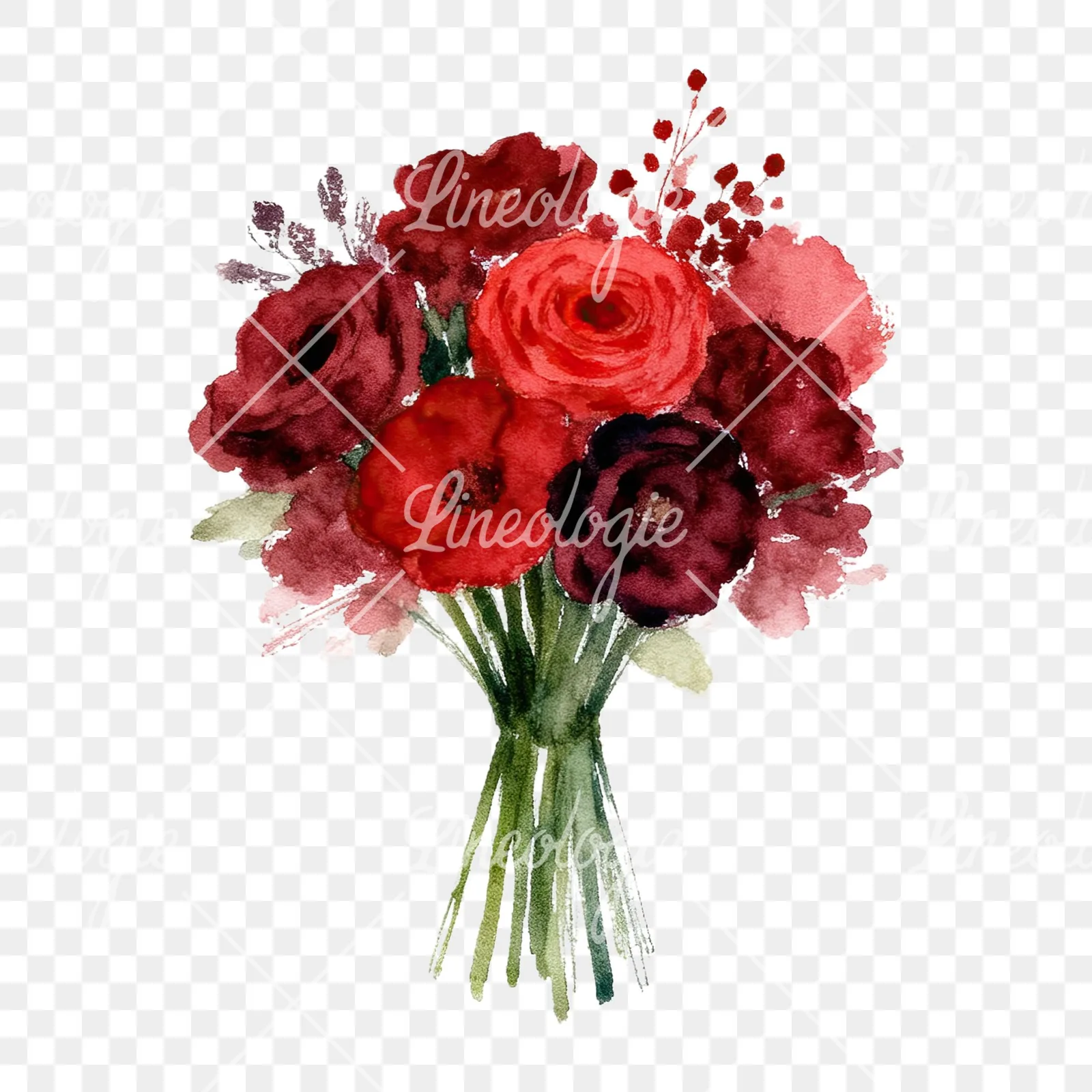 Watercolor red and burgundy wedding bouquet with greenery clipart 6 of 9 on a transparent background (PNG)