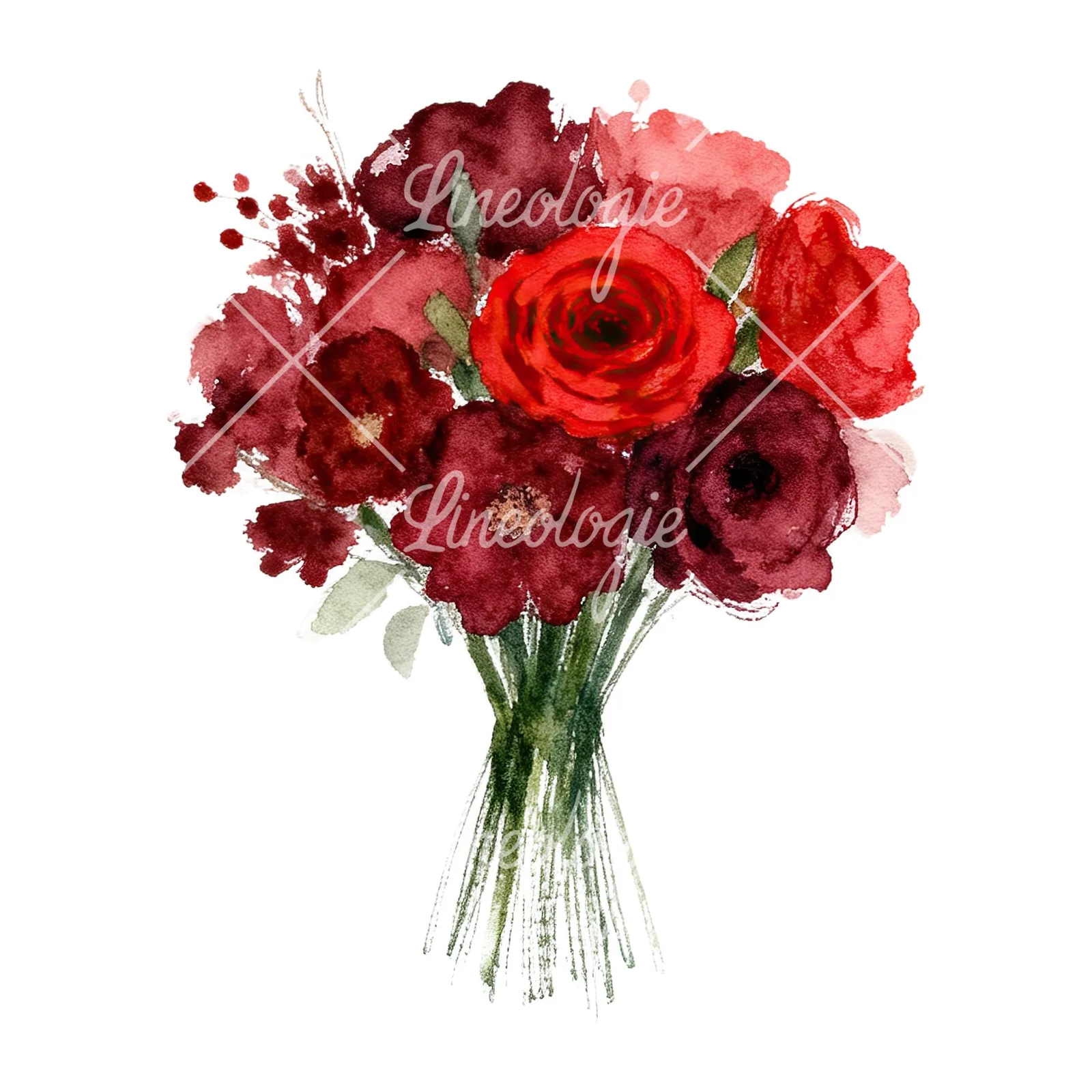Watercolor red and burgundy wedding bouquet with greenery clipart 7 of 9 on a white background (JPG)
