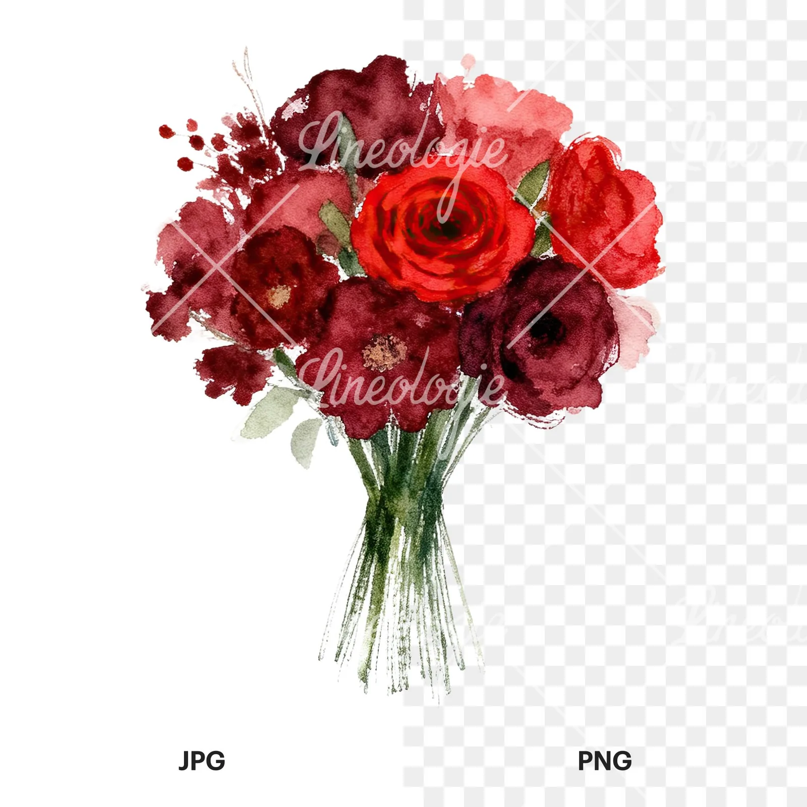 Watercolor red and burgundy wedding bouquet with greenery clipart 7 of 9, as a JPG on white and a transparent PNG