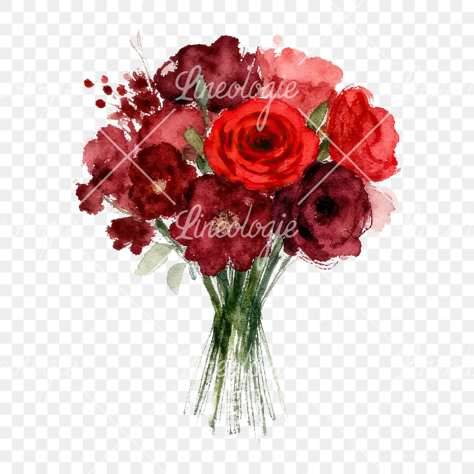 Watercolor red and burgundy wedding bouquet with greenery clipart 7 of 9 on a transparent background (PNG)