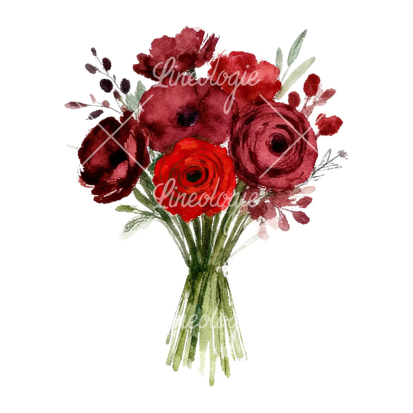 Watercolor red and burgundy wedding bouquet with greenery clipart 8 of 9 on a white background (JPG)