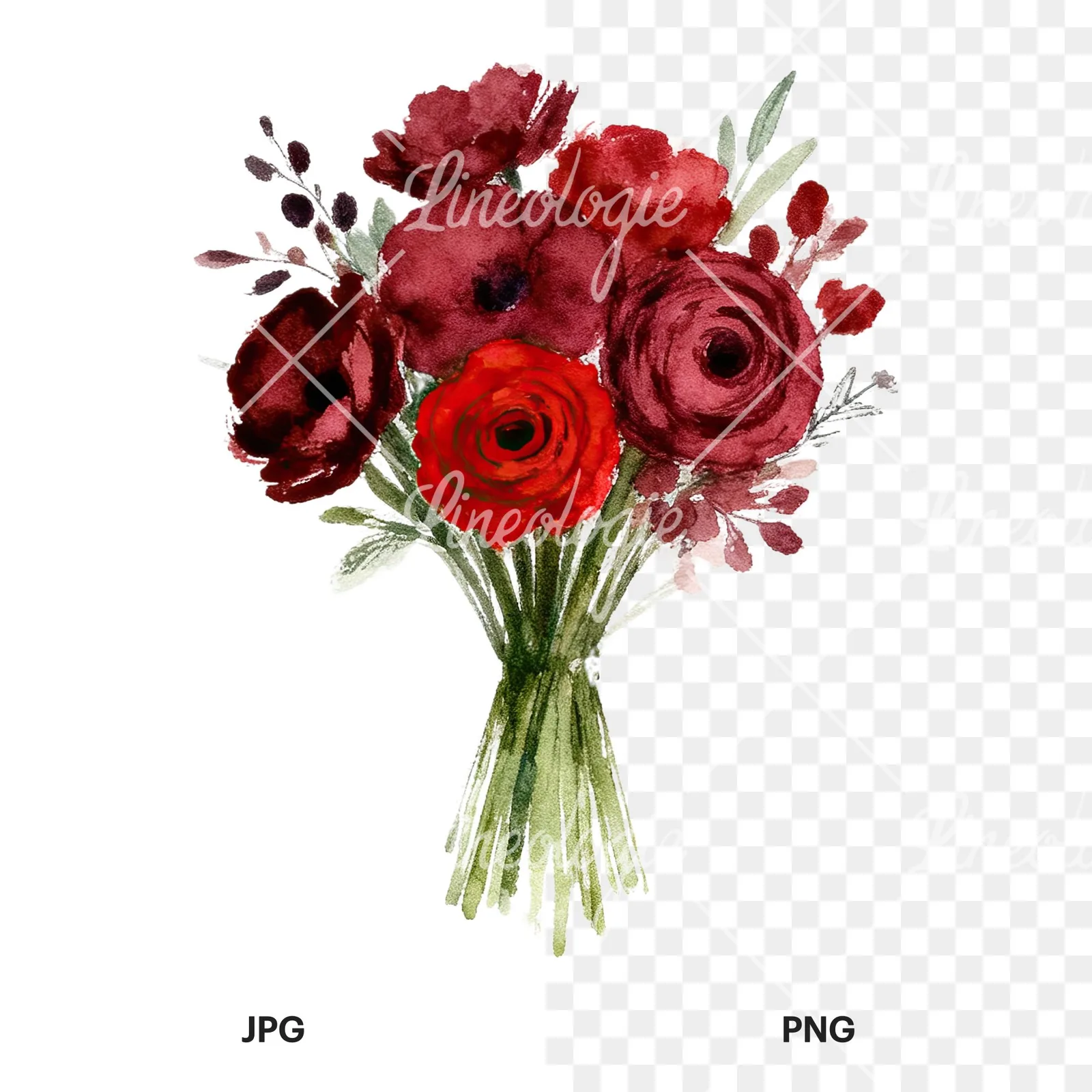 Watercolor red and burgundy wedding bouquet with greenery clipart 8 of 9, as a JPG on white and a transparent PNG