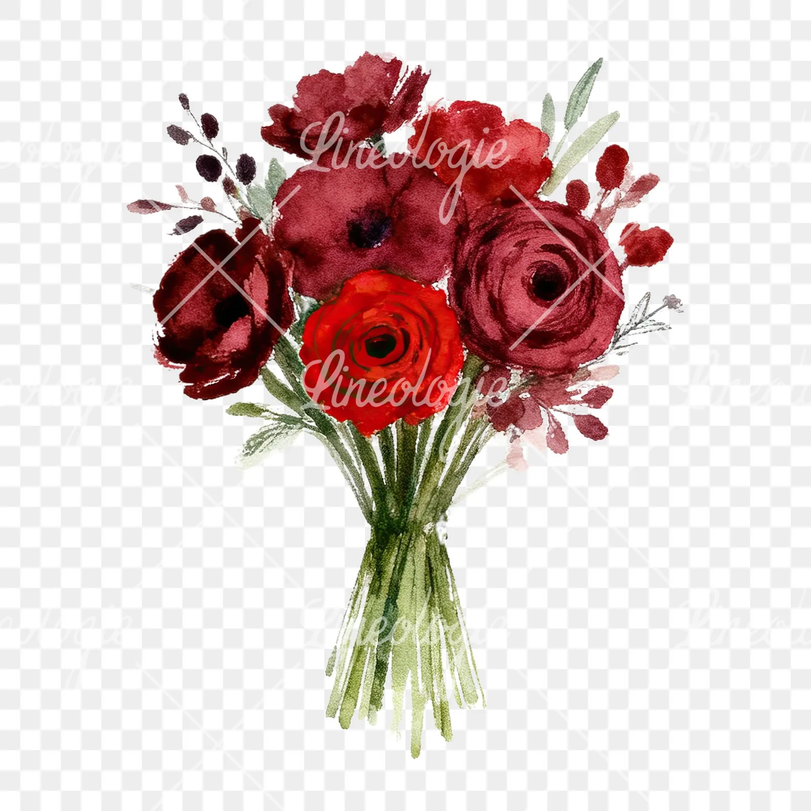 Watercolor red and burgundy wedding bouquet with greenery clipart 8 of 9 on a transparent background (PNG)