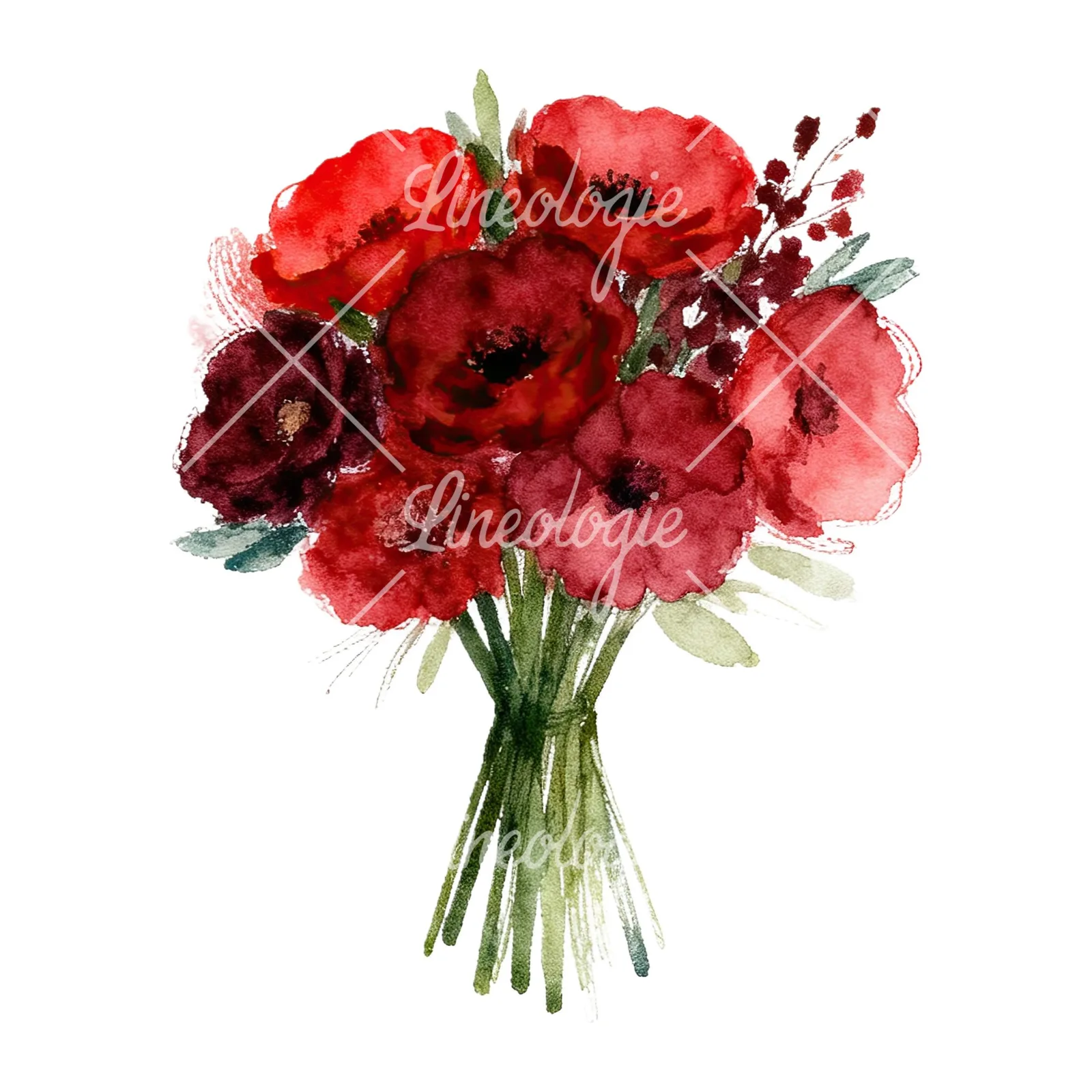 Watercolor red and burgundy wedding bouquet with greenery clipart 9 of 9 on a white background (JPG)