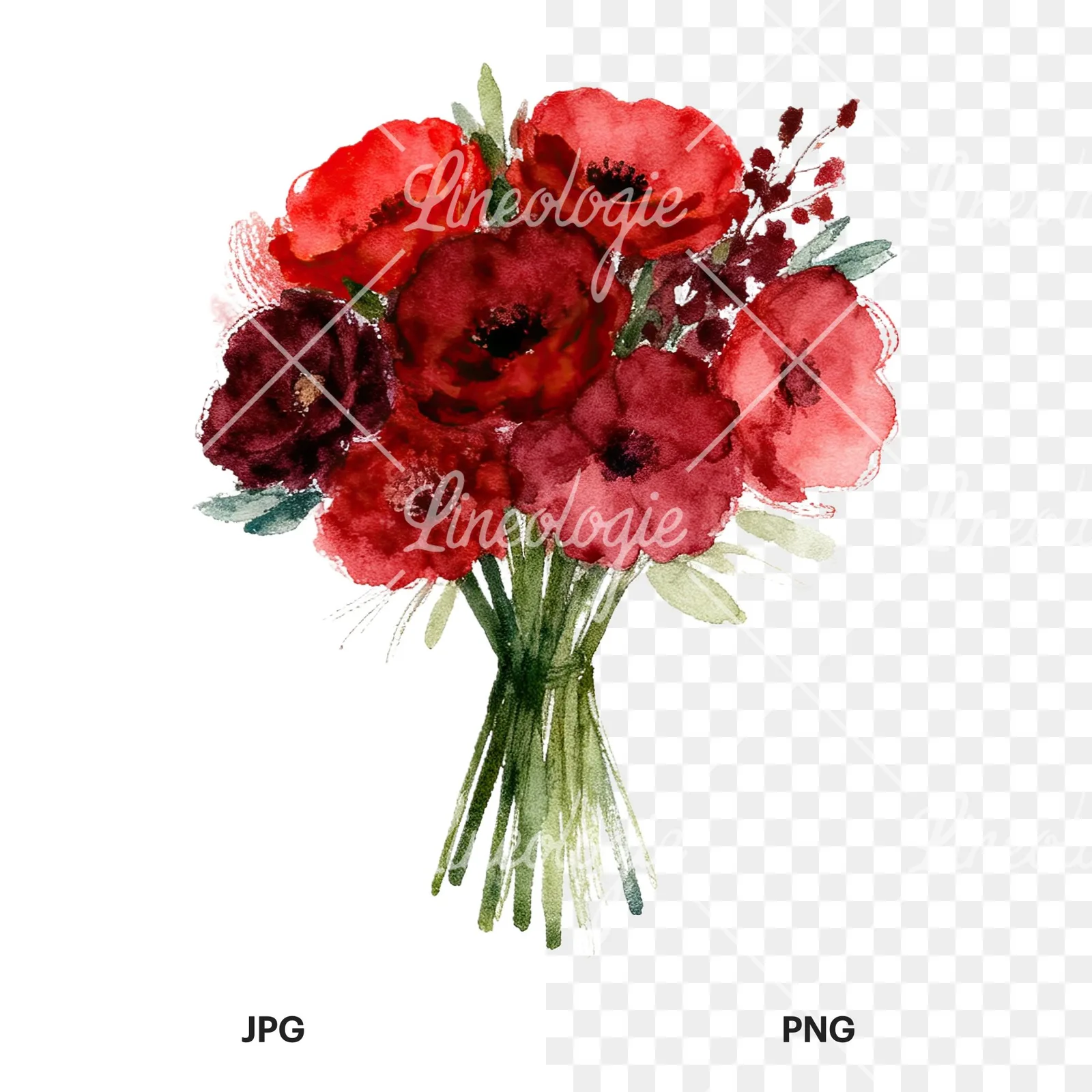 Watercolor red and burgundy wedding bouquet with greenery clipart 9 of 9, as a JPG on white and a transparent PNG
