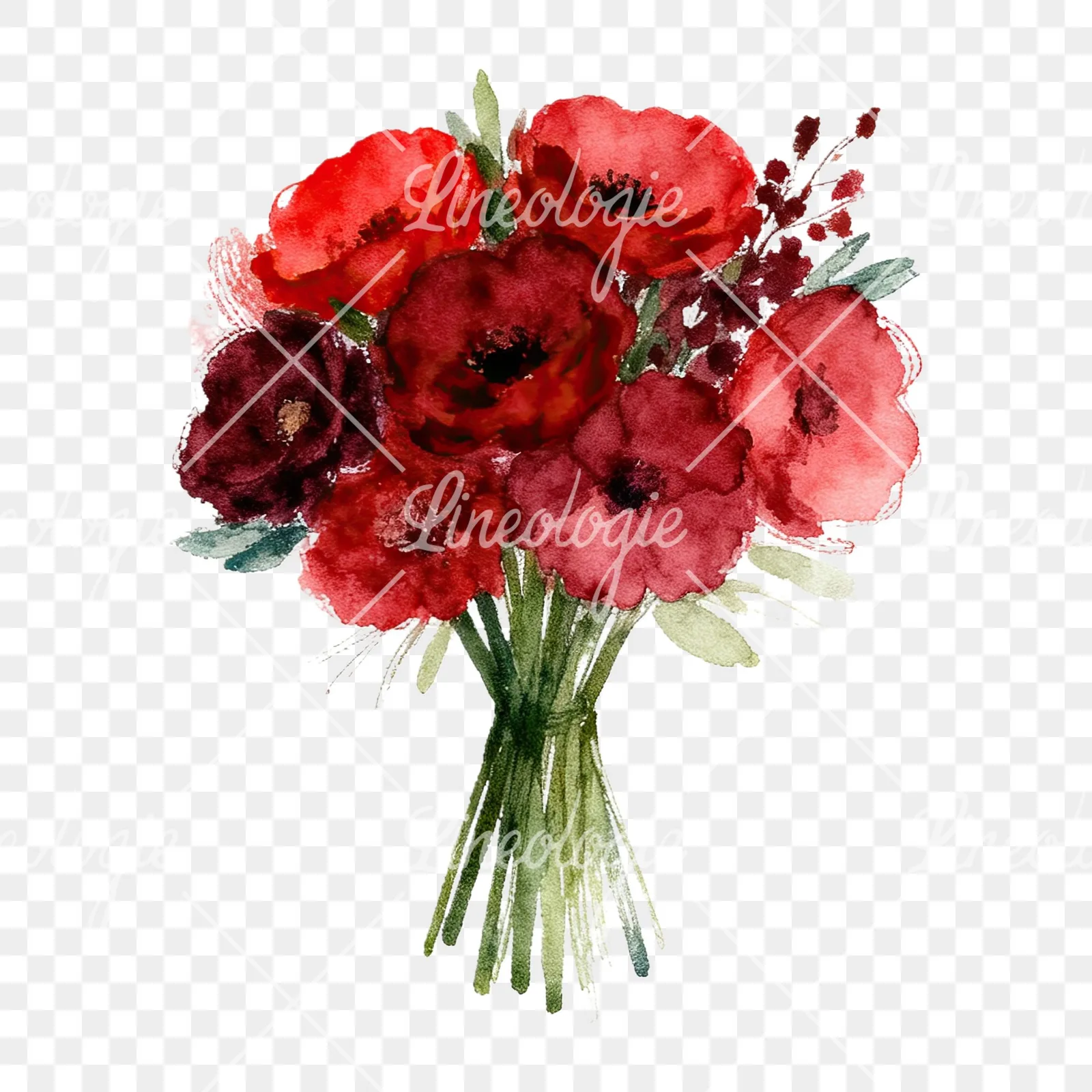 Watercolor red and burgundy wedding bouquet with greenery clipart 9 of 9 on a transparent background (PNG)