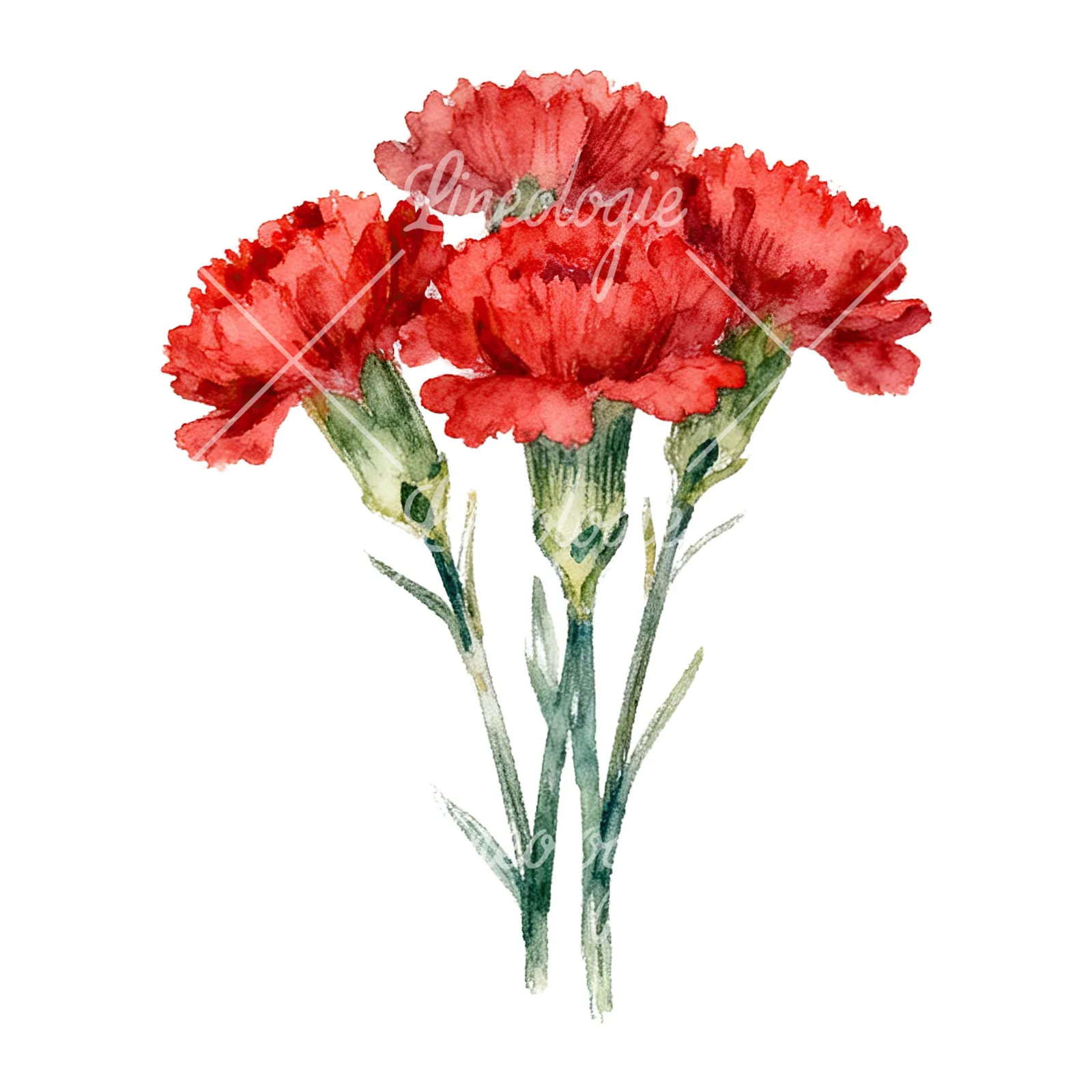 Watercolor red carnation bouquet clipart 1 of 9 on a white background (JPG)