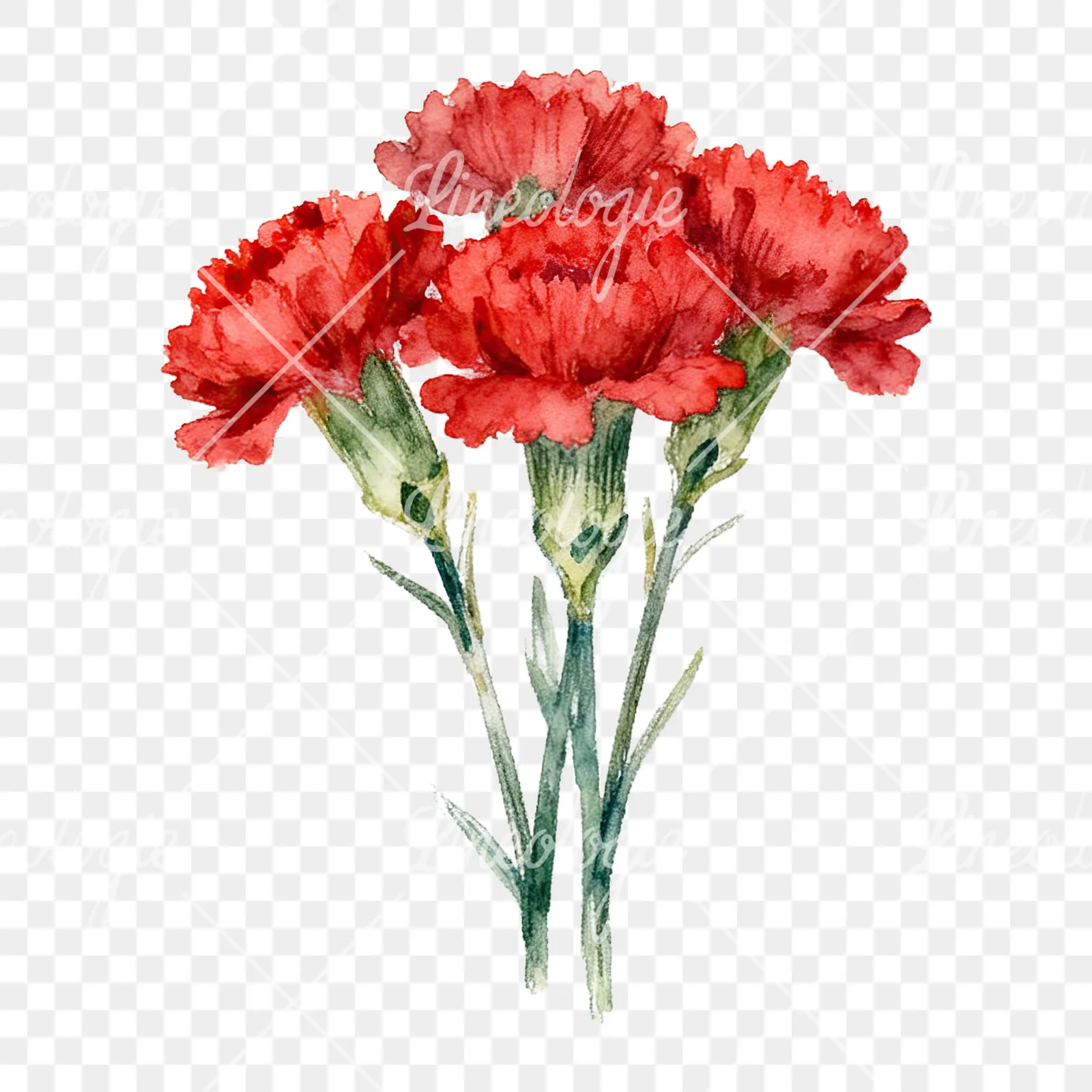 Watercolor red carnation bouquet clipart 1 of 9 on a transparent background (PNG)