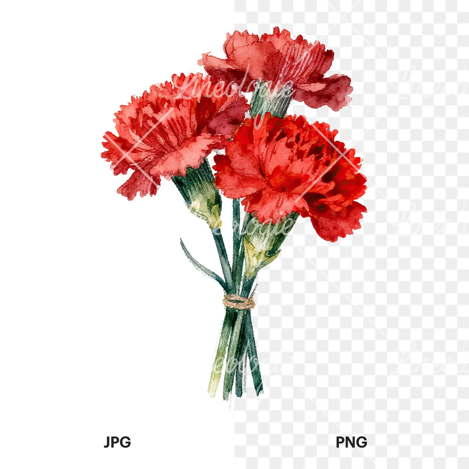 Watercolor red carnation bouquet clipart 3 of 9, as a JPG on white and a transparent PNG