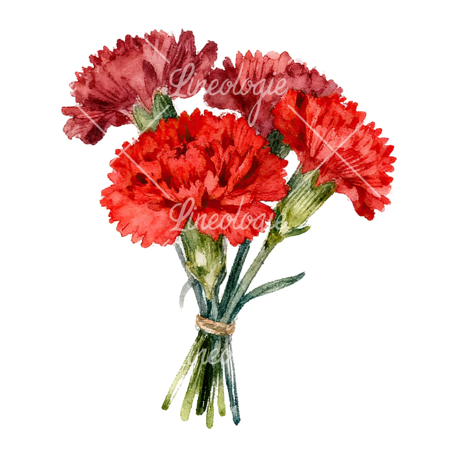 Watercolor red carnation bouquet clipart 7 of 9 on a white background (JPG)